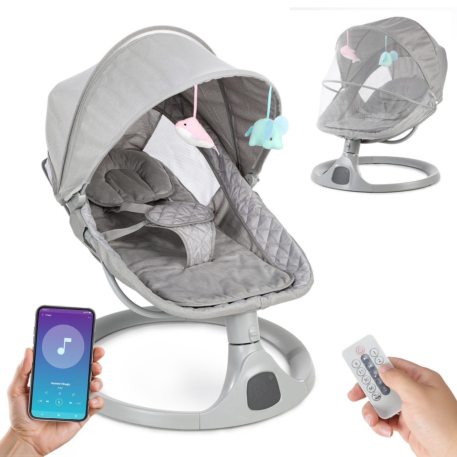 oyajia Babywippe Elektrische Komfort-Babywippe mit Fernbedienung, Musik Insektenschutz, mit Schwung in 5 Geschwindigkeiten, Moskitonetz,Fernbedienung max.9kg