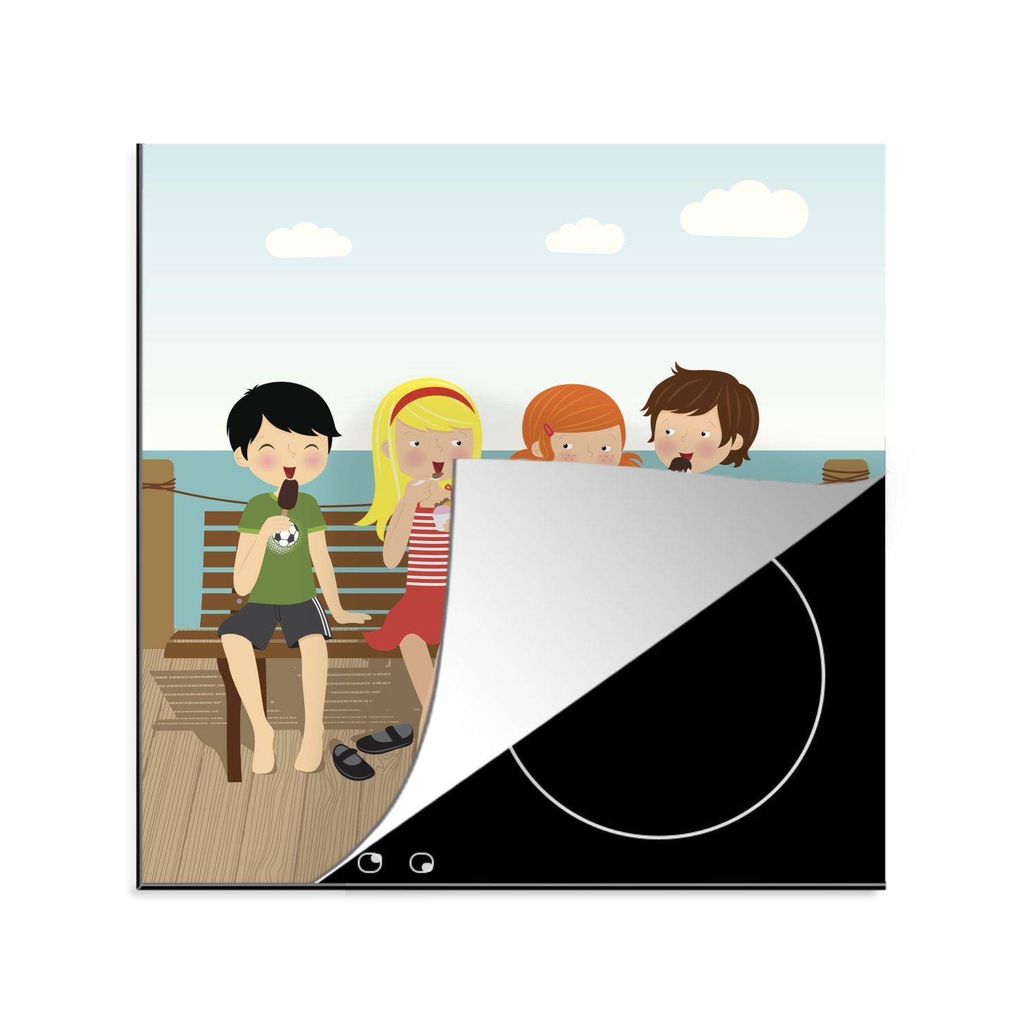 MuchoWow Herdblende-/Abdeckplatte Eine Illustration von Kindern auf einer Seebrücke, Vinyl, (1 tlg), 78x78 cm, Ceranfeldabdeckung, Arbeitsplatte für küche