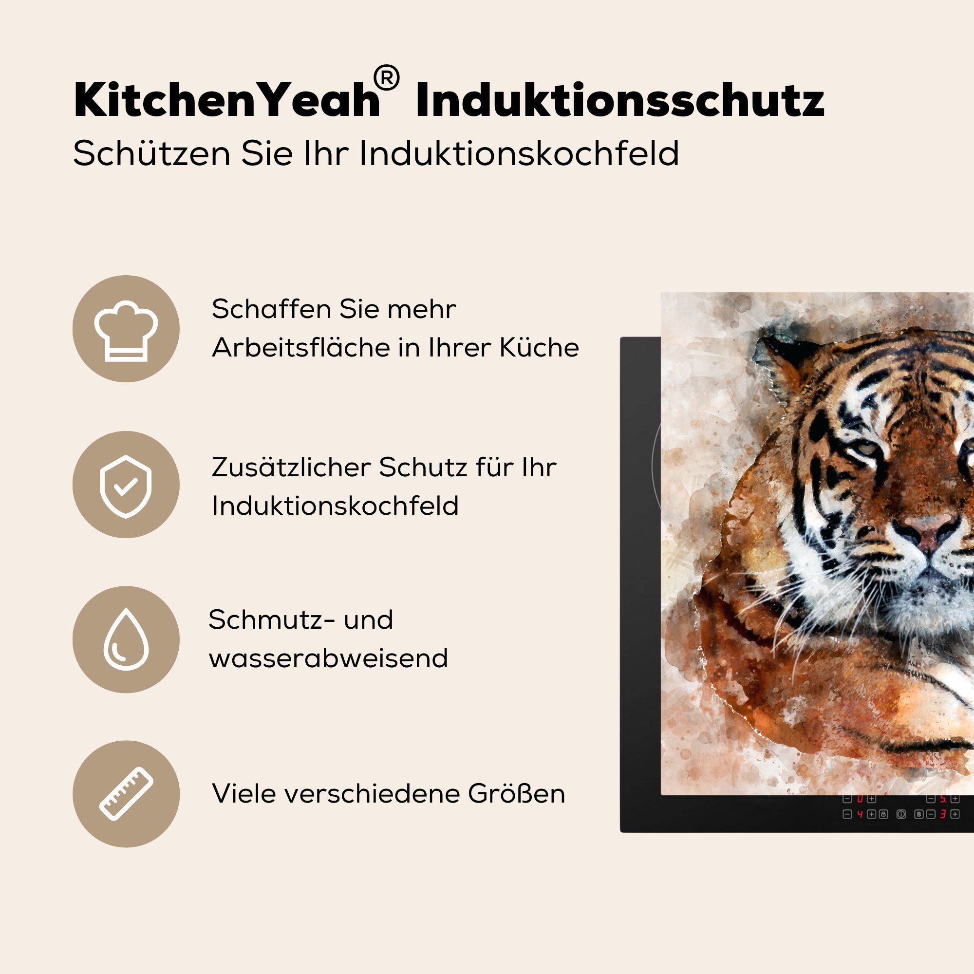 cm, küche MuchoWow - Herdblende-/Abdeckplatte Tiger - Ceranfeldabdeckung, (1 tlg), Orange, für Arbeitsplatte Vinyl, Gemälde 78x78