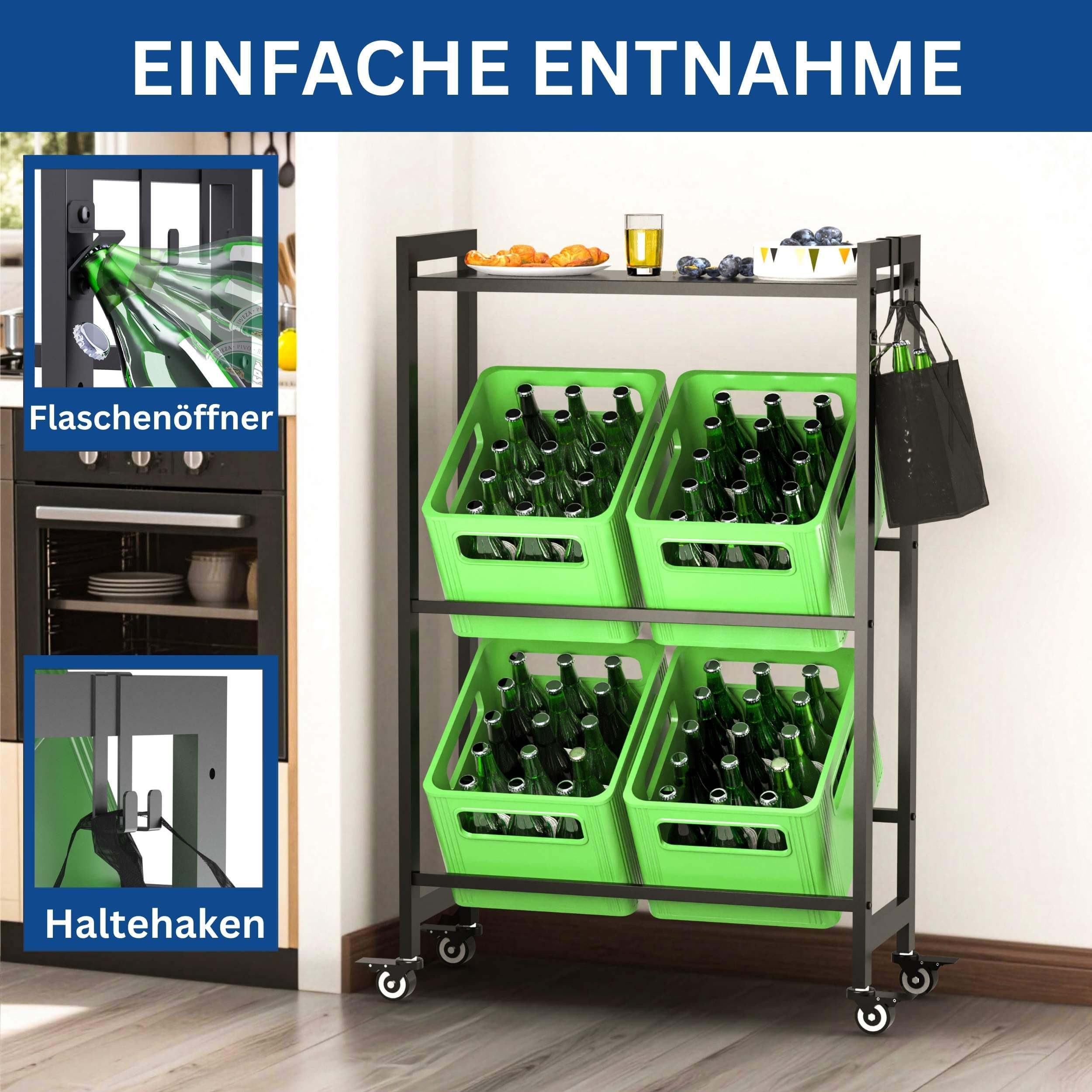 DanDiBo Standregal Getränkekistenregal 4 Kisten mit Ablagefläche Rollen Haken Metall, Getränkeregal Kistenregal Getränke Regal Bierkistenregal – Bild 4 von 5