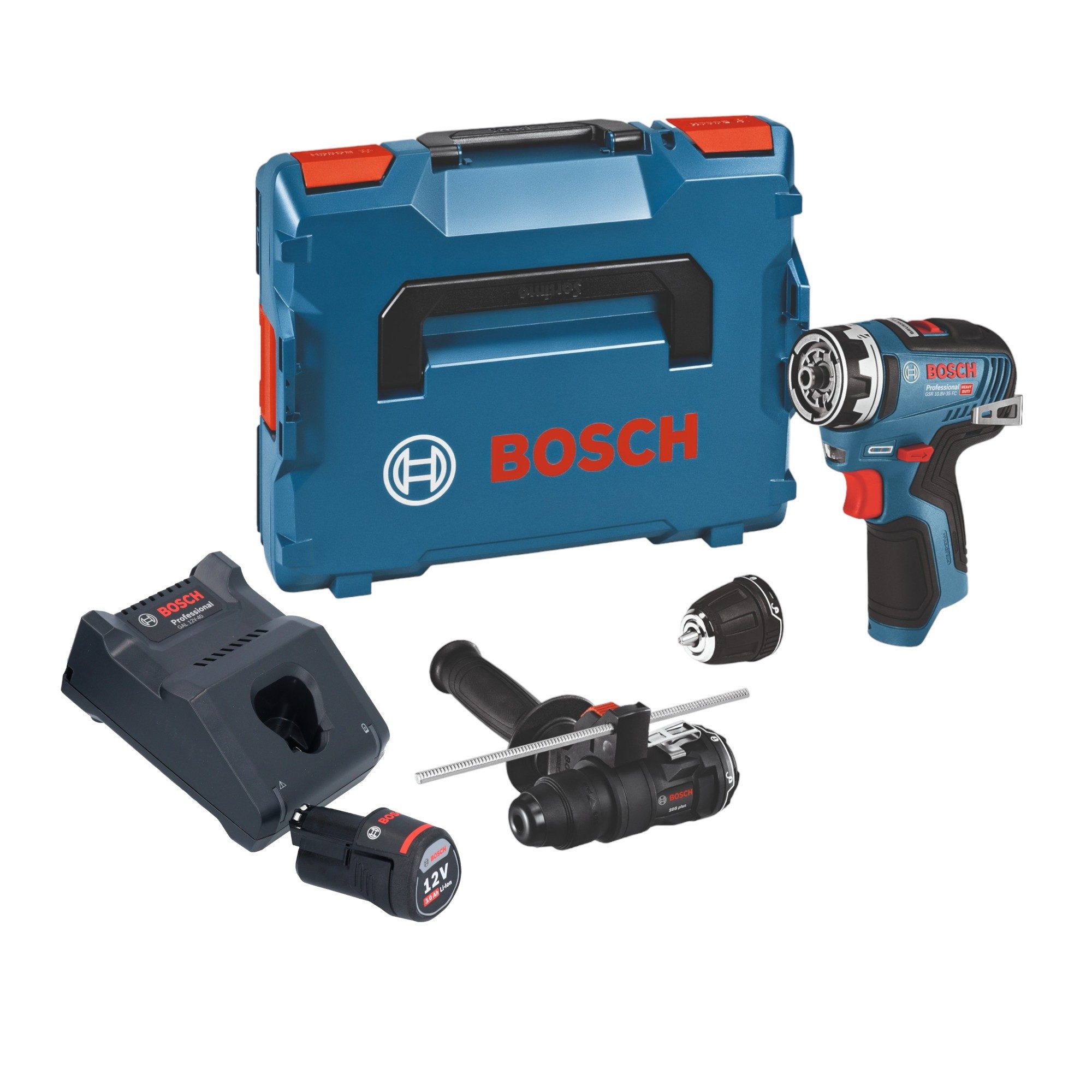 Bosch Professional Säulenbohrmaschine GSR 12V-35 FC 12 V 35Nm + 1x Akku 3,0 Ah + Lader + 2x Aufsatz + L-Boxx
