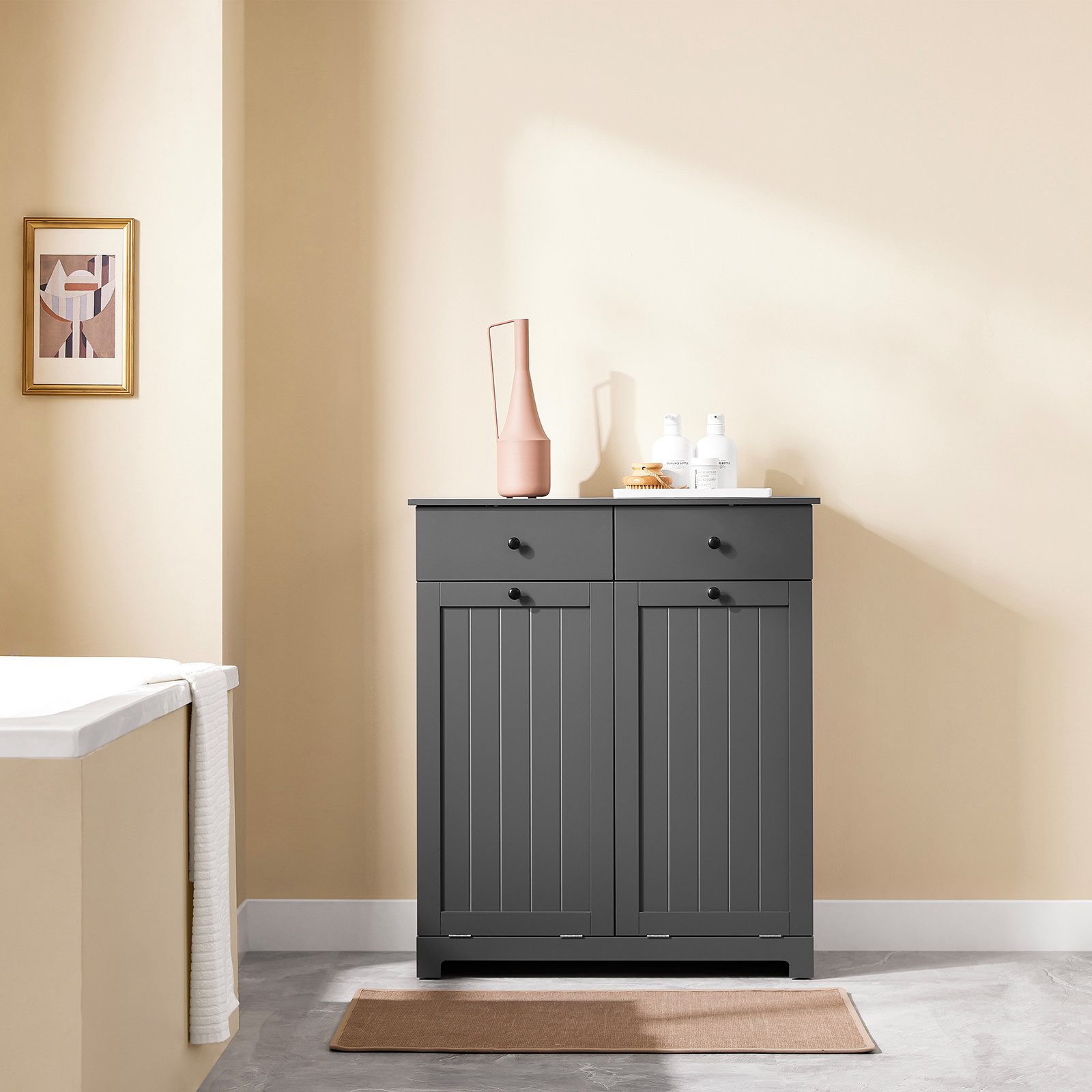 SoBuy Wäscheschrank BZR33, Badezimmerschrank mit Wäschekorb, Wäschesammler, Wäscheschrank mit 2 Schubladen & 2 Wäschekippern, 90L großer Kapazität, Badezimmer