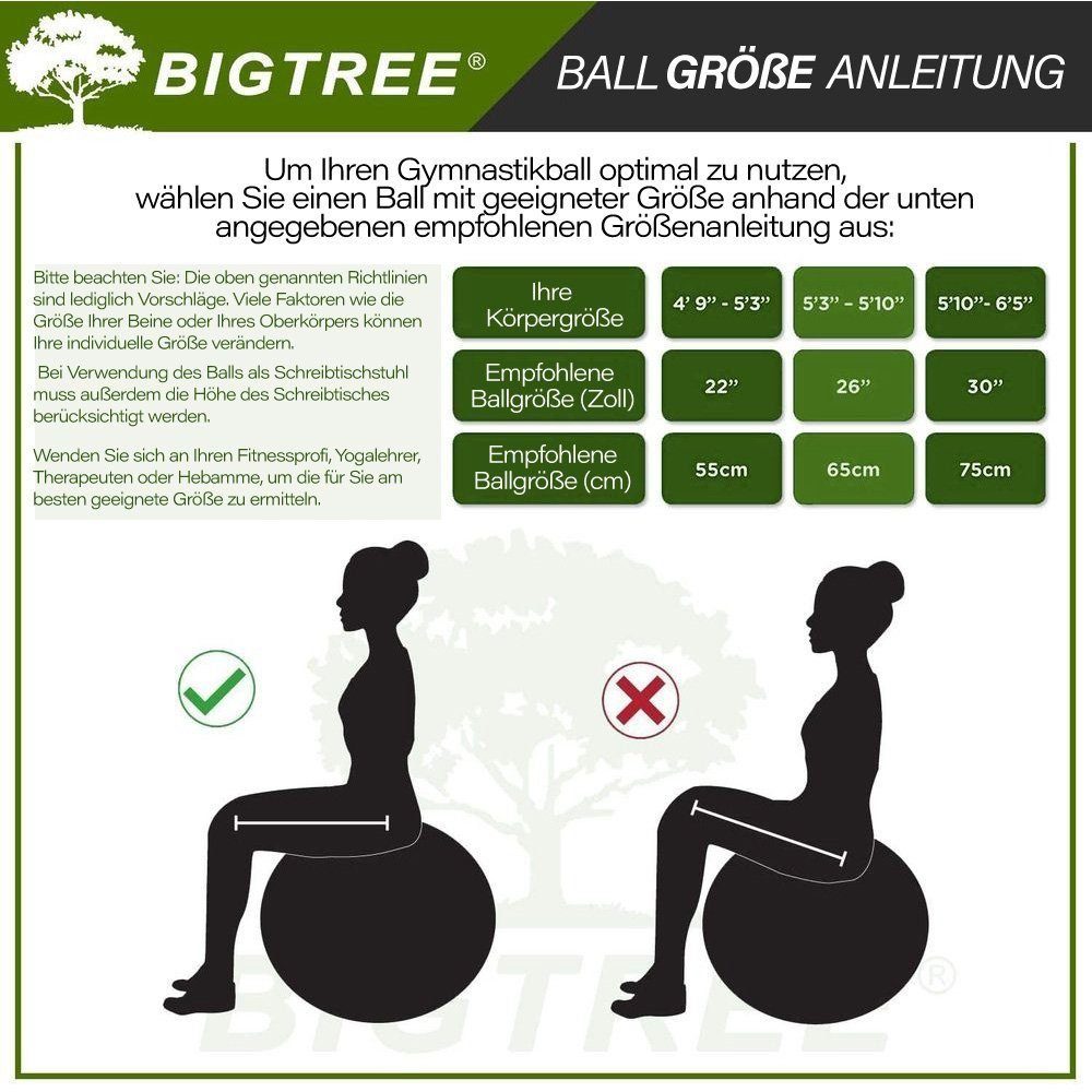 55cm, Fitness, cm für BIGTREE Gymnastikball und Gymnastikball 65cm Ø 75 Grün