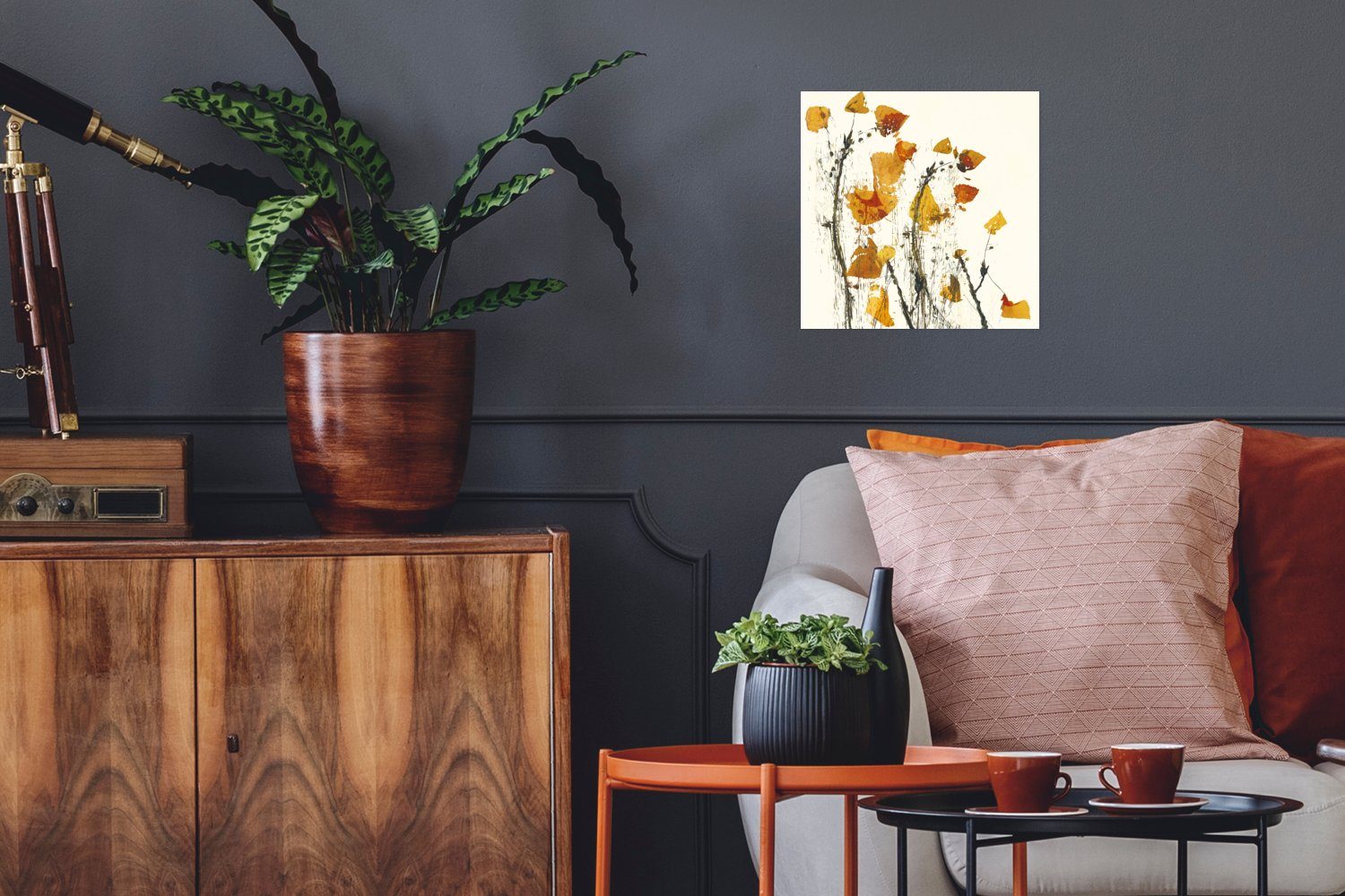 MuchoWow Poster Pflanzen - Gelb - Blumen - Abstrakt, (1 St), Poster, Wandbild, Wandposter für Wohnzimmer, Ohne Rahmen