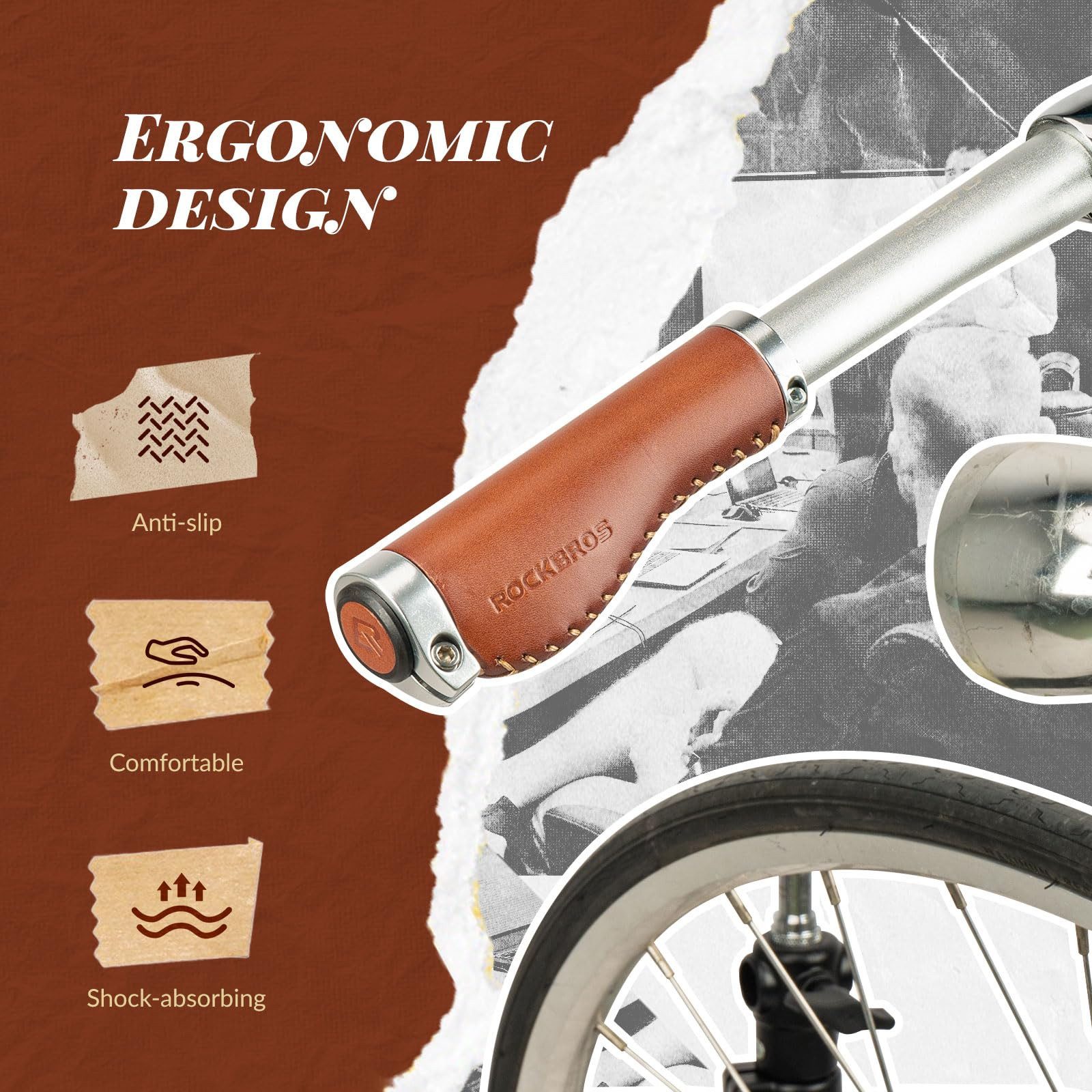 ROCKBROS Fahrradlenkergriff Ergonomische Fahrradgriffe mit Lock-On Design (für MTB, Rennrad, Trekking- und Citybike), Retro Lenkergriffe aus Leder, rutschfest und komfortabel