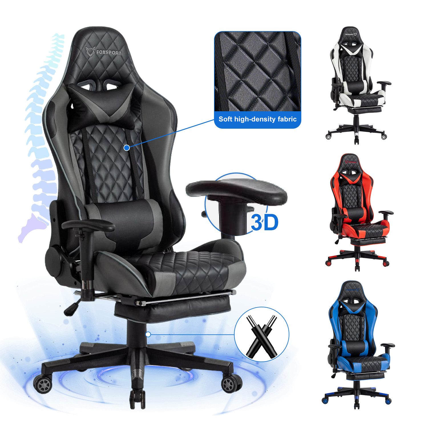 Seven Comfort Gaming-Stuhl Gaming Stuhl mit Fußstütze (Professioneller Gamingstuhl), Mit Kopfstütze und Lendenwirbelstütze, mit einziehbaren Fußstütze