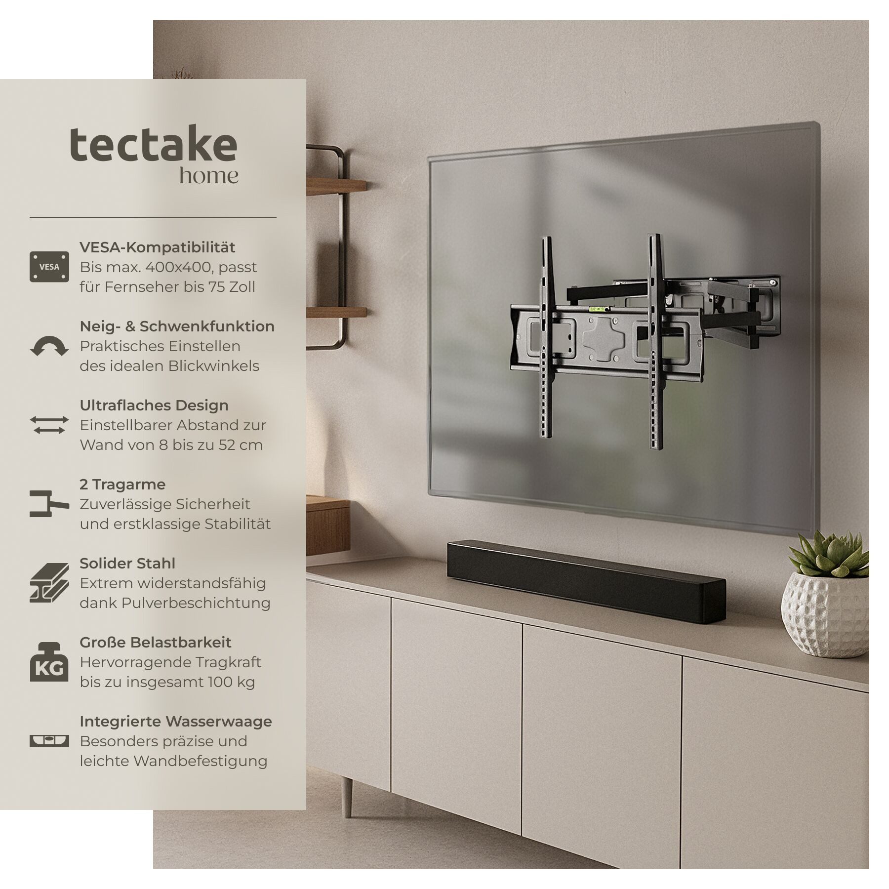 tectake TV-Wandhalterung Fernseherhalterung für 26-75 Zoll (66-191 cm), max. VESA 400 x 400, (bis 75 Zoll, für Flachbildfernseher, bis 100 kg, ausziehbar, schwenkbar, neigbar und stufenlos breitenverstellbar)