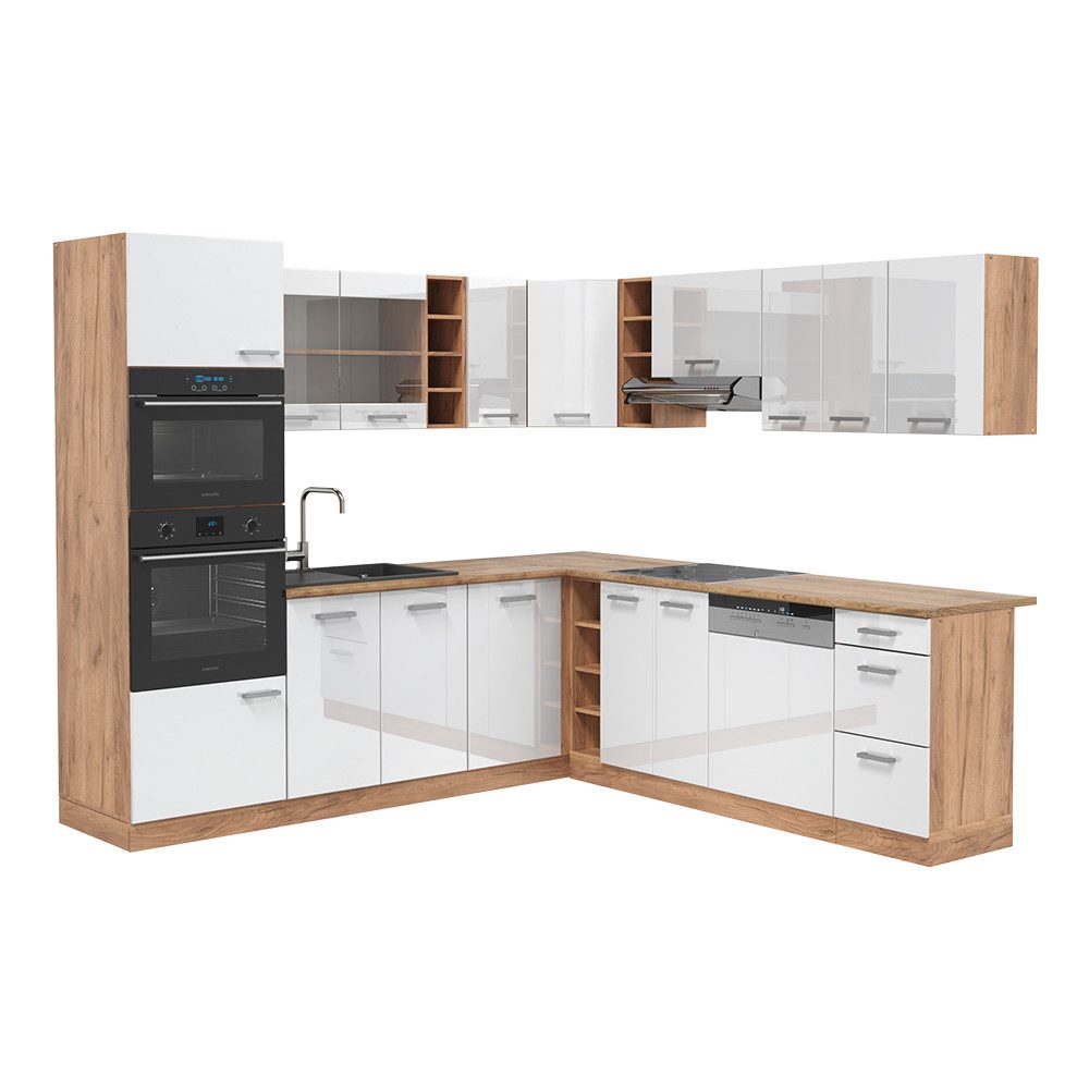 Vicco Winkelküche R-Line, Weiß Hochglanz/Goldkraft Eiche, günstig online kaufen