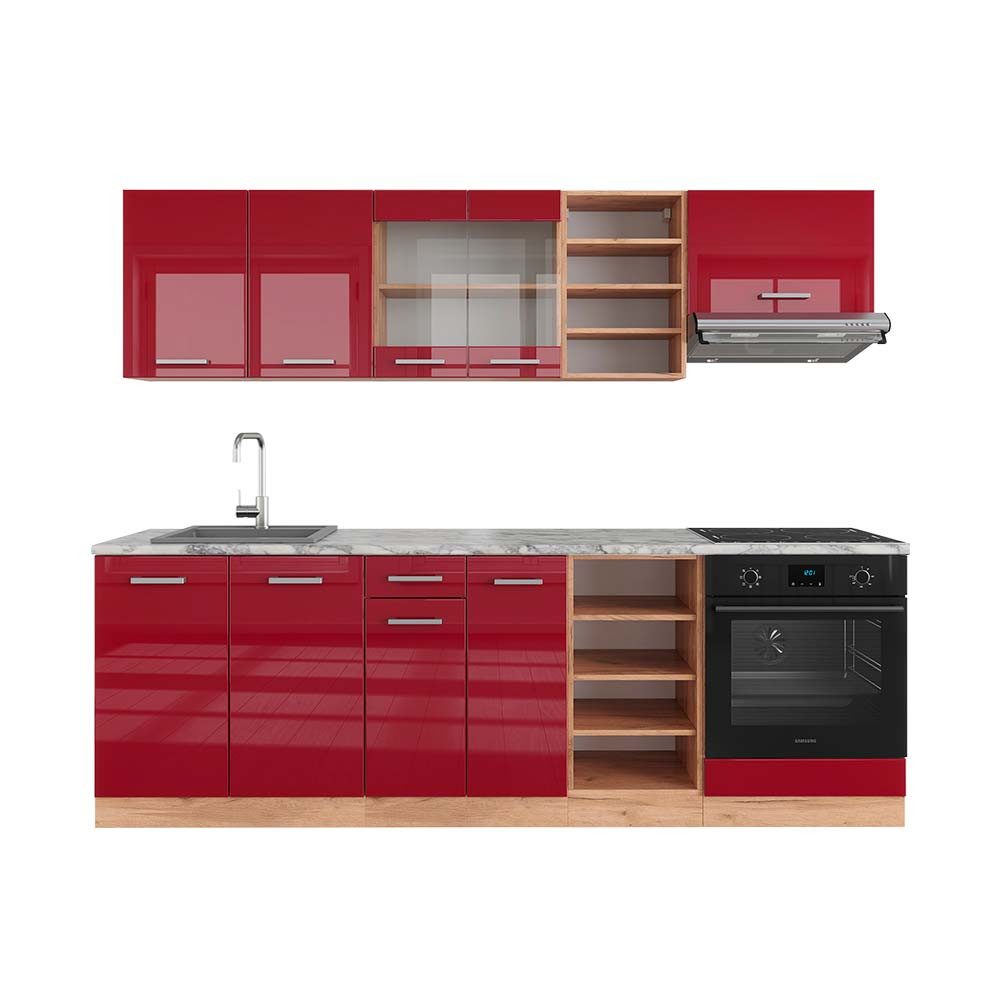 Vicco Küchenzeile R-Line, Rot Hochglanz/Goldkraft Eiche/Goldkraft günstig online kaufen