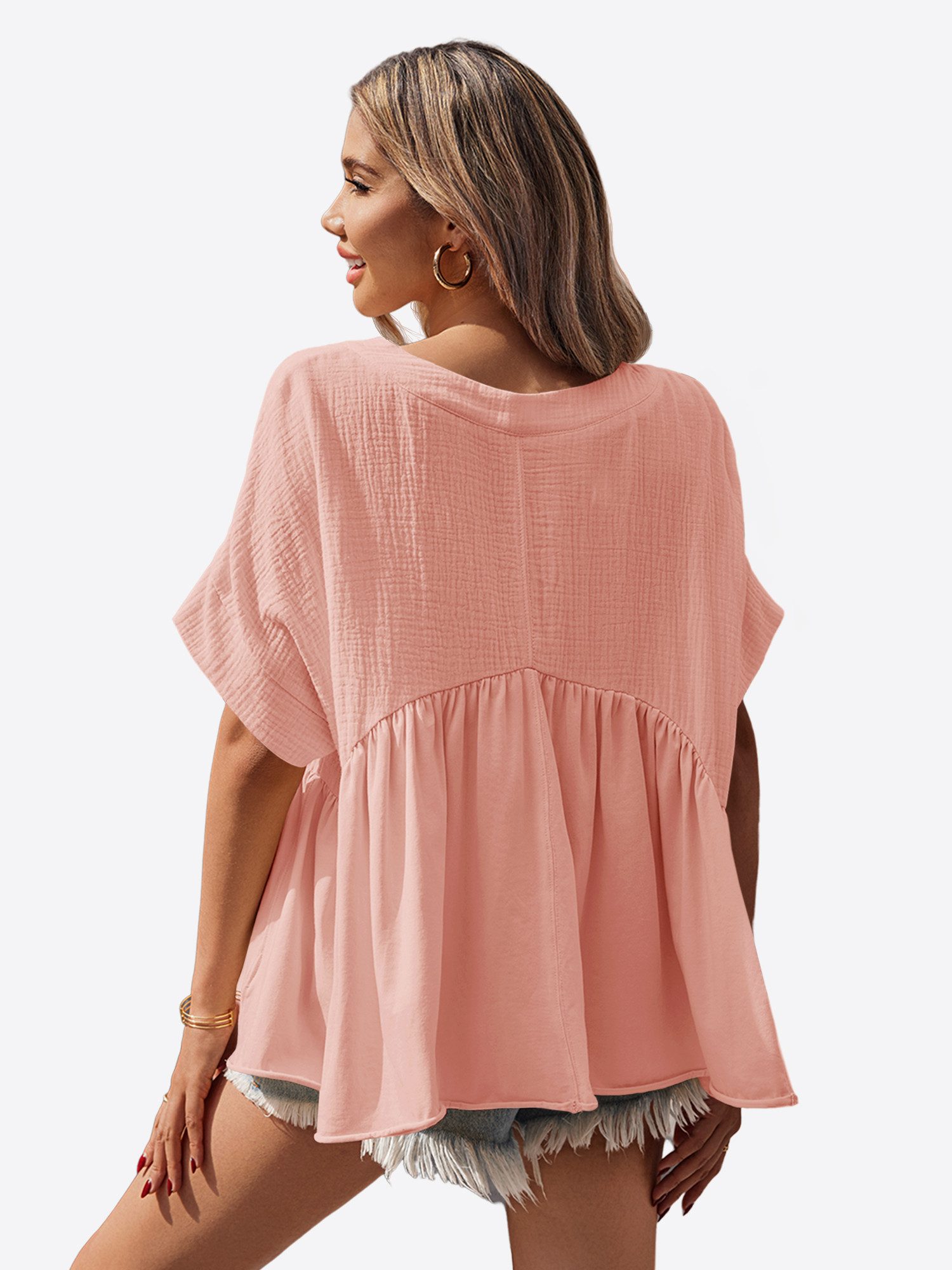 Imily Bela Rüschenbluse Damen V-Ausschnitt geraffter Saum Lässig Sommer Oberteil aus Baumwolle (Packung, 1-tlg., 1per-Pack) Kurzarm in Unifarbe