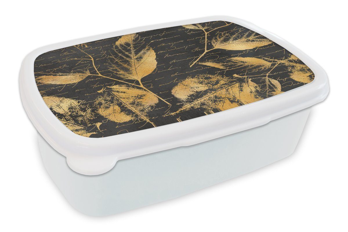 MuchoWow Lunchbox Gold - Blätter - Schwarz, Kunststoff, (2-tlg), Brotbox für Kinder und Erwachsene, Brotdose, für Jungs und Mädchen weiß