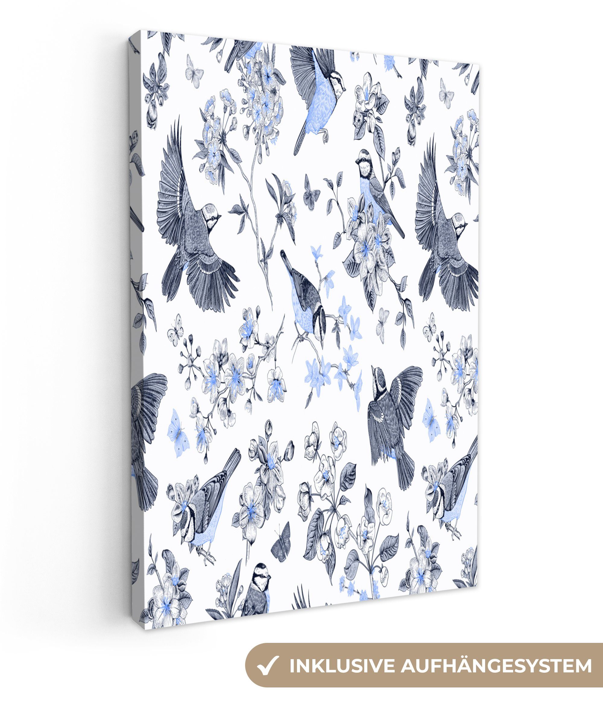 (1 inkl. - - Leinwandbild Gemälde, St), bespannt fertig 20x30 cm Vogel Blau, Zackenaufhänger, Blumen Leinwandbild OneMillionCanvasses®