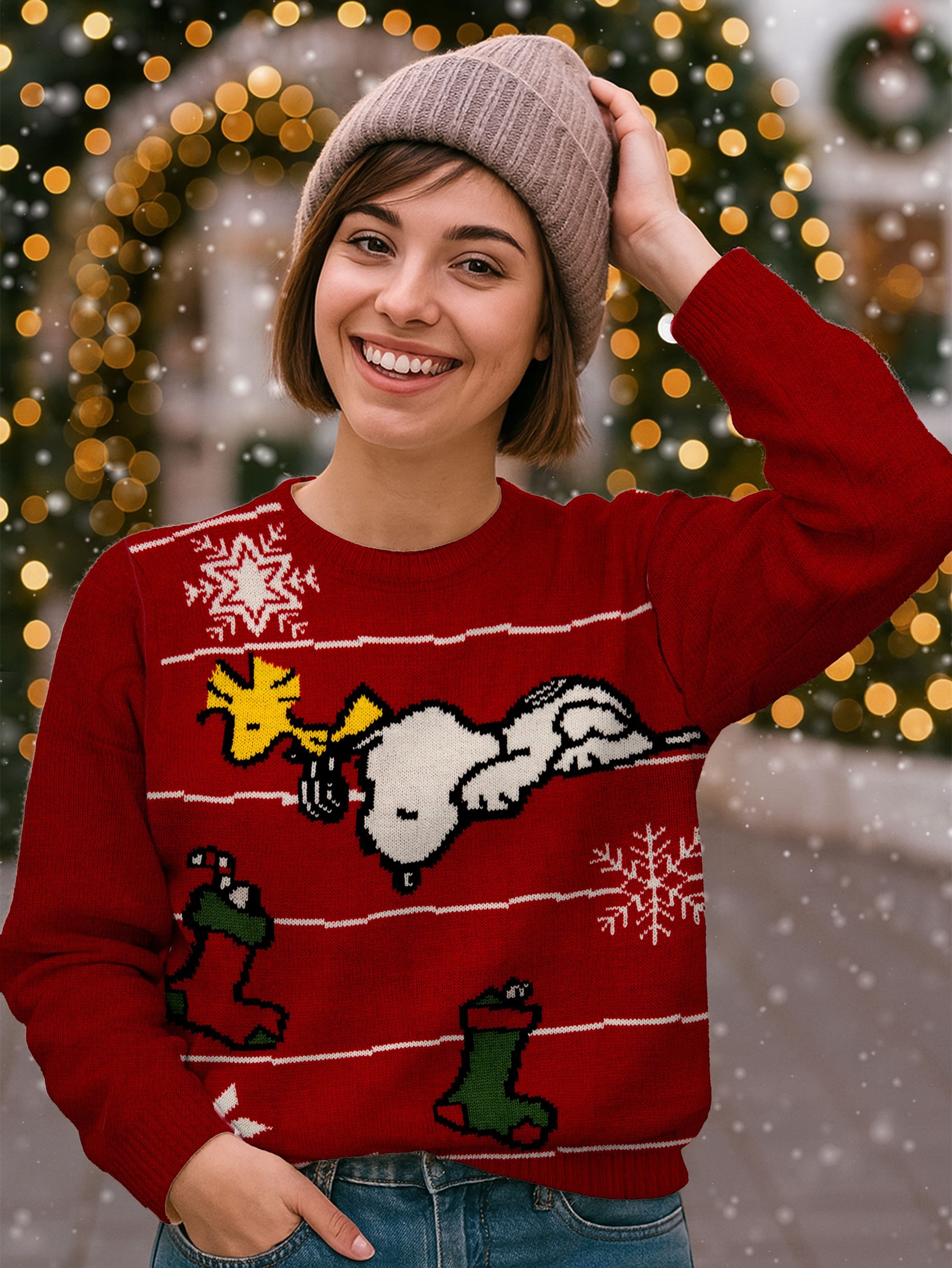 United Labels® Weihnachtspullover Peanuts Snoopy, Woodstock und Socken - Ugly Sweater Winterpulli