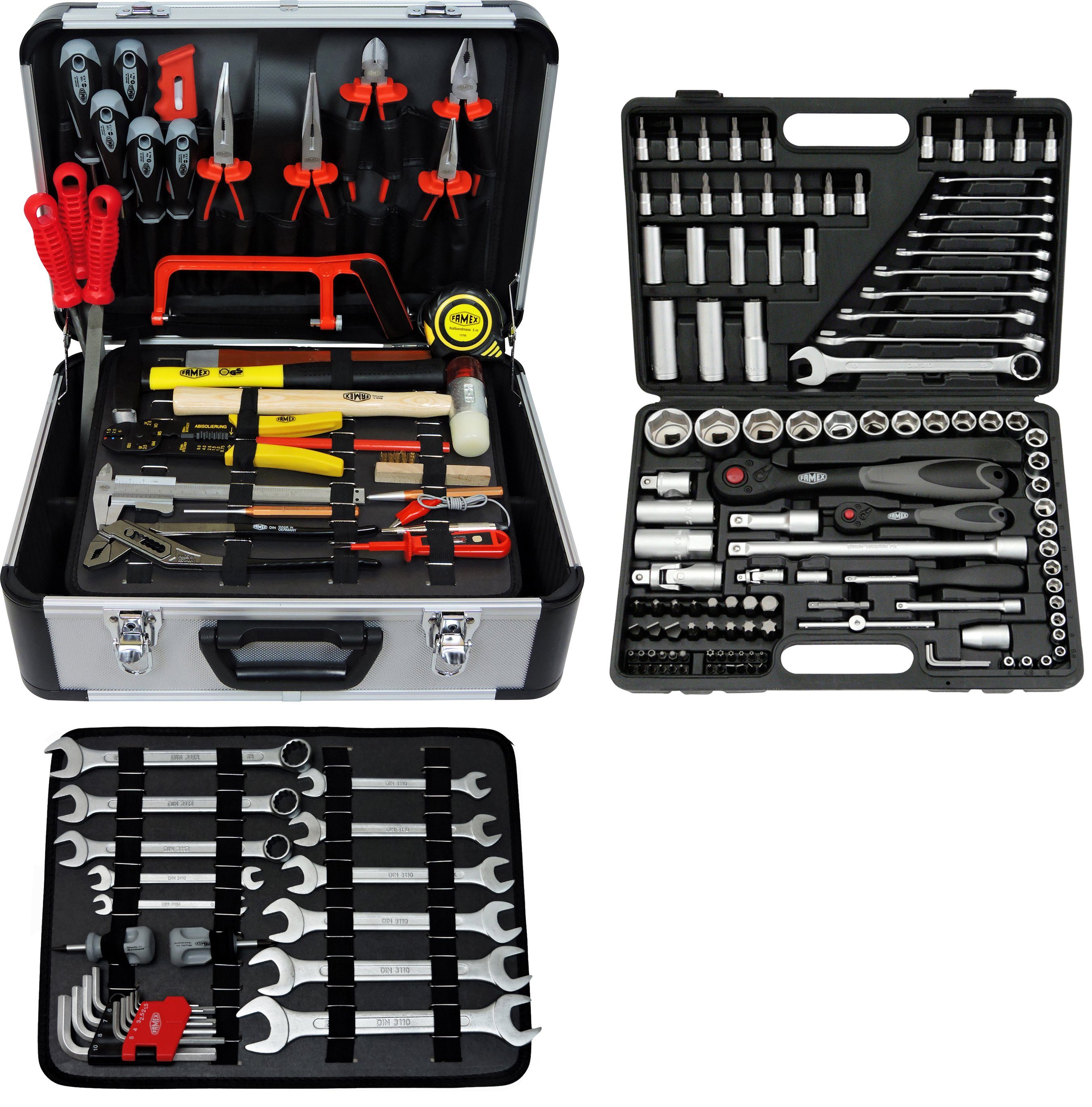 FAMEX Werkzeugset 719-44 Alu Werkzeugkoffer gefüllt mit Werkzeug Set, (214-St), für den Profi