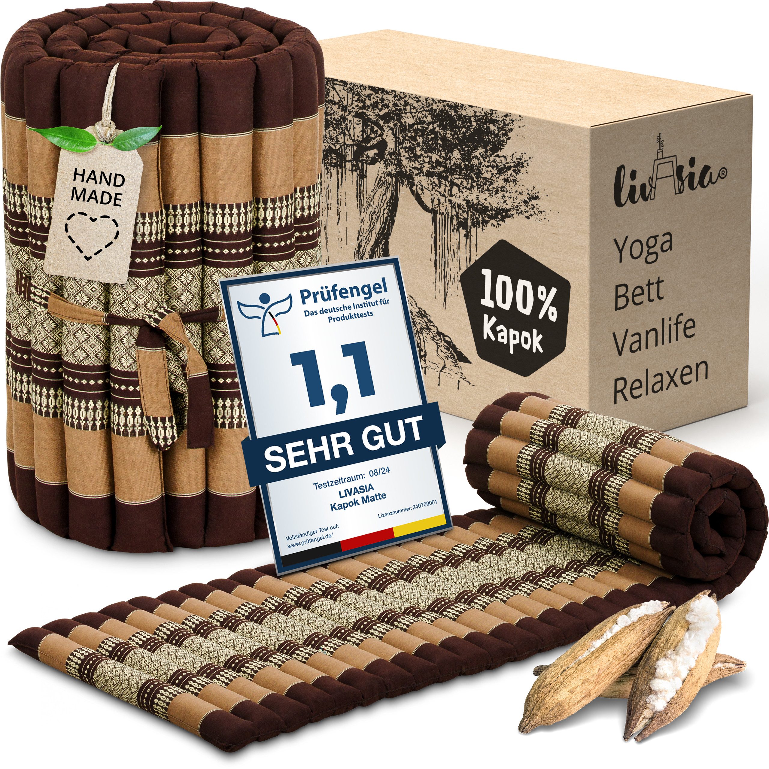 Reisebett-Matratzen Rollmatte 50 cm breit, vegan und handgefertigt, 210x50x4,5cm, livasia, 4,50 cm hoch, Kapok