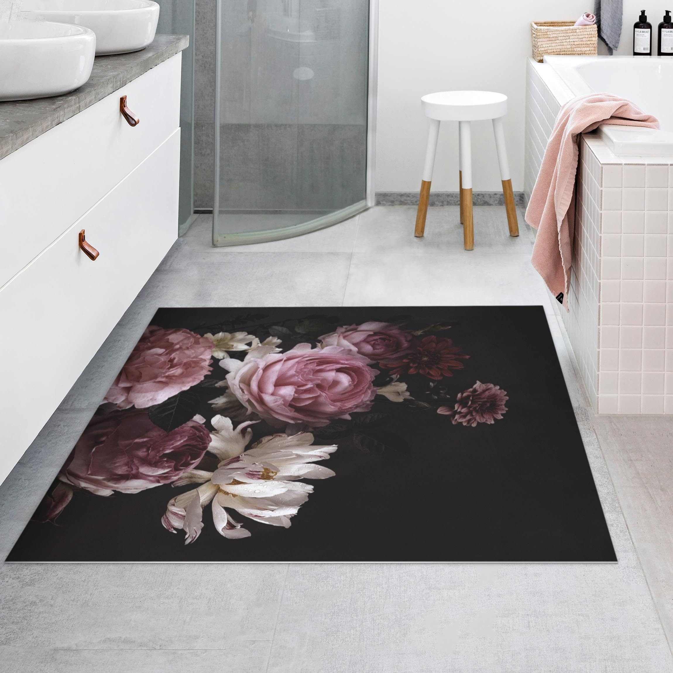 Bilderdepot24 Teppich Vinyl Wohnzimmer Schlafzimmer Flur Küche Blumen Vintage, quadratisch - rosa glatt, nass wischbar (Küche, Tierhaare) - Saugroboter & Bodenheizung geeignet