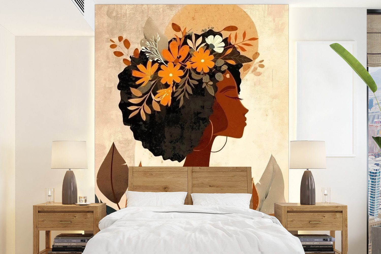 MuchoWow Fototapete Frau - Locken - Blumen - Beige, Matt, bedruckt, Montagefertig Vinyl Tapete, Wandtapete, 190x260 cm