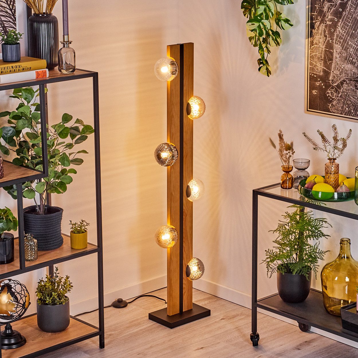 hofstein Stehlampe Stehlampe aus Holz/Metall/Riffelglas in Natur/Schwarz/Bernstein/Rauch, ohne Leuchtmittel, 120 cm, G9, Fußschalter - Wohnzimmer, Schlafzimmer, Esszimmer