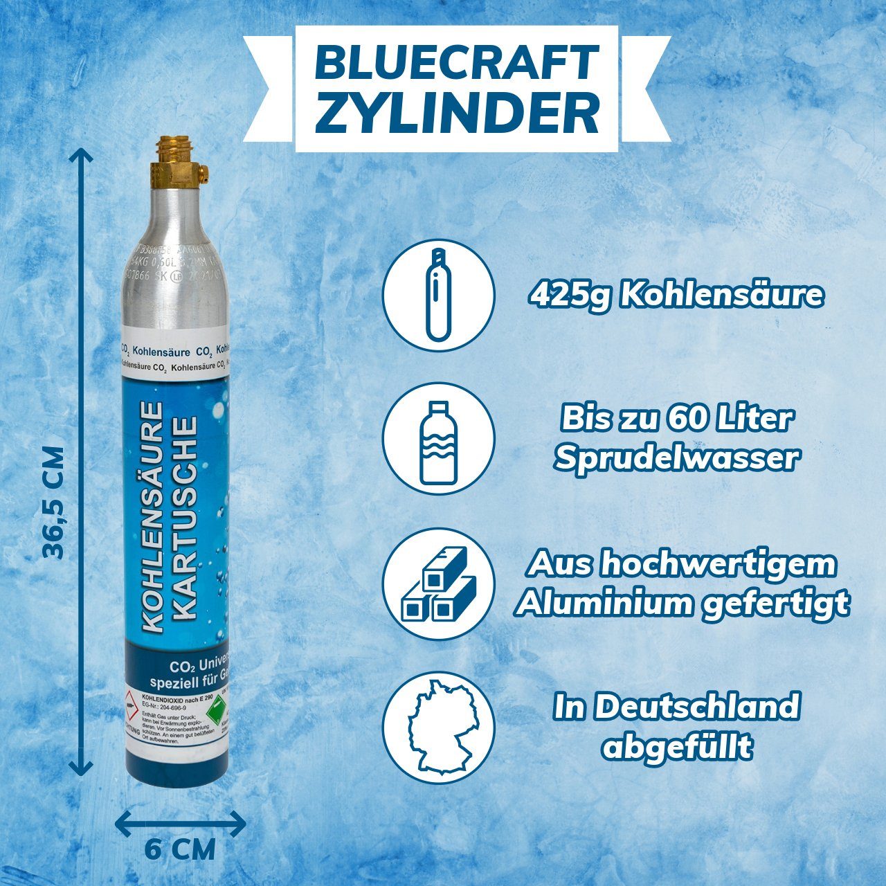 BlueCraft CO₂-Zylinder CO2-Kartusche Soda 425g für je bis zu 60 Liter Sprudel Wasser, 2 St., abgefüllt in Deutschland - geeignet für SodaStream Wassersprudler