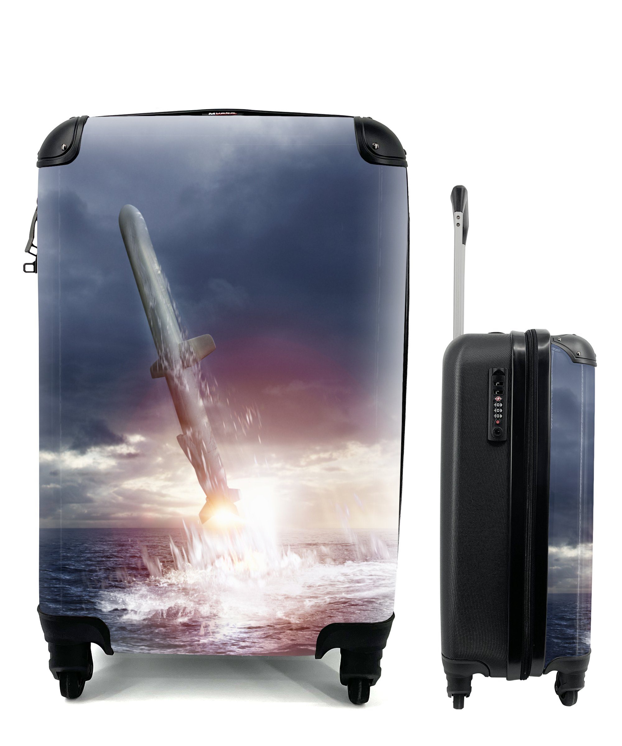 MuchoWow Handgepäckkoffer Ein Raketenstart von einem U-Boot aus, 4 Rollen, Reisetasche mit rollen, Handgepäck für Ferien, Trolley, Reisekoffer