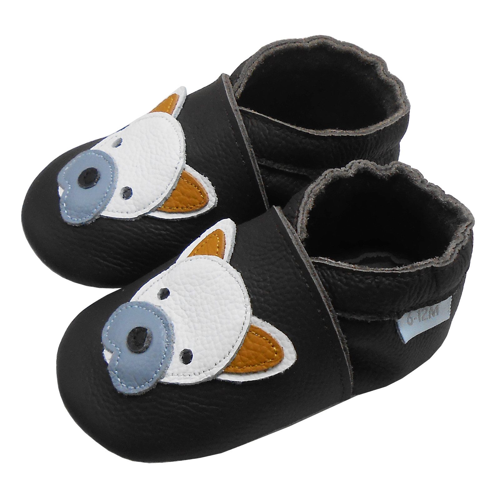 Basrakids Weiche Leder Lauflernschuhe Hausschuhe Lederpuschen Bulldogge Schwarz Krabbelschuh (Rutschfest atmungsaktiv) 100 % echtem Leder