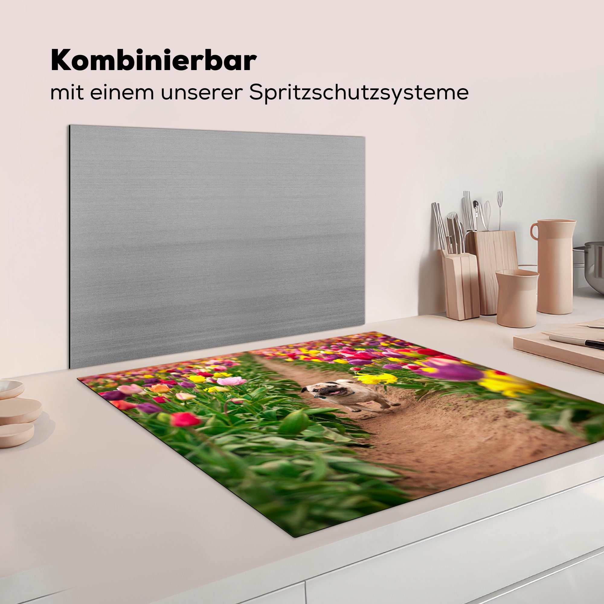 Ceranfeldabdeckung, - - 78x78 Hund, Tulpen MuchoWow (1 Herdblende-/Abdeckplatte Arbeitsplatte für tlg), Vinyl, küche cm, Blumen