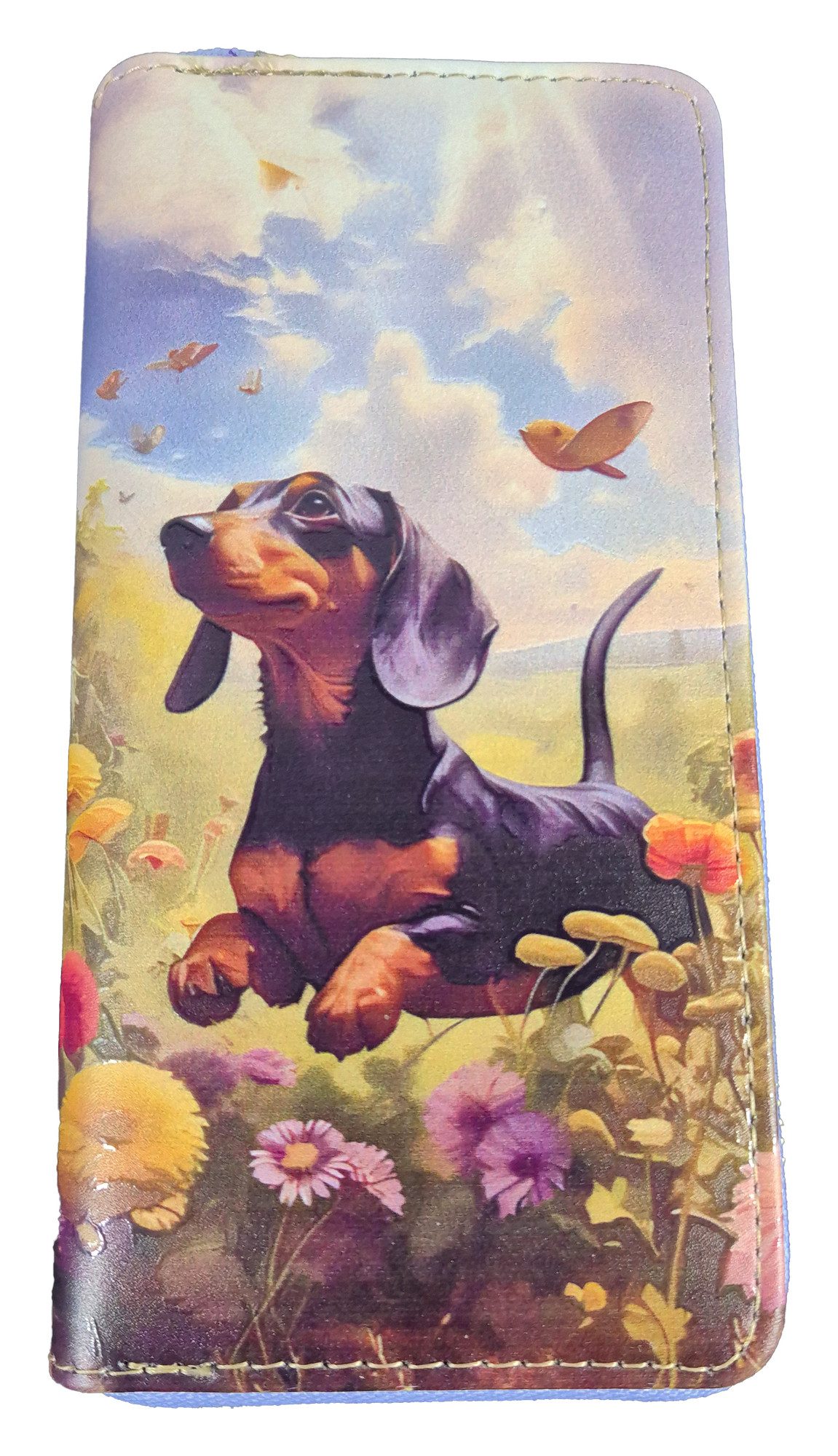 Einkaufszauber Geldbörse Damen Geldbeutel Dackel - Hund - Geldbörse Portemonnaie, Der Dackel tobt über die Blumenwiese und fängt Schmetterlinge