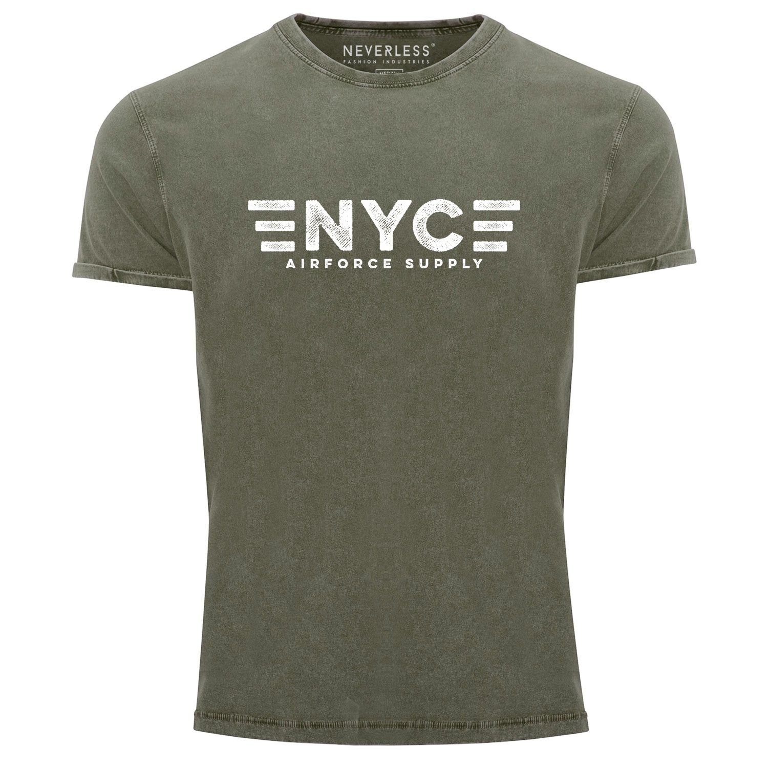 Neverless Print-Shirt Herren Vintage Shirt Aufdruck NYC New York City Airforce Supply Print Printshirt T-Shirt Used Look Slim Fit Neverless® mit Print oliv