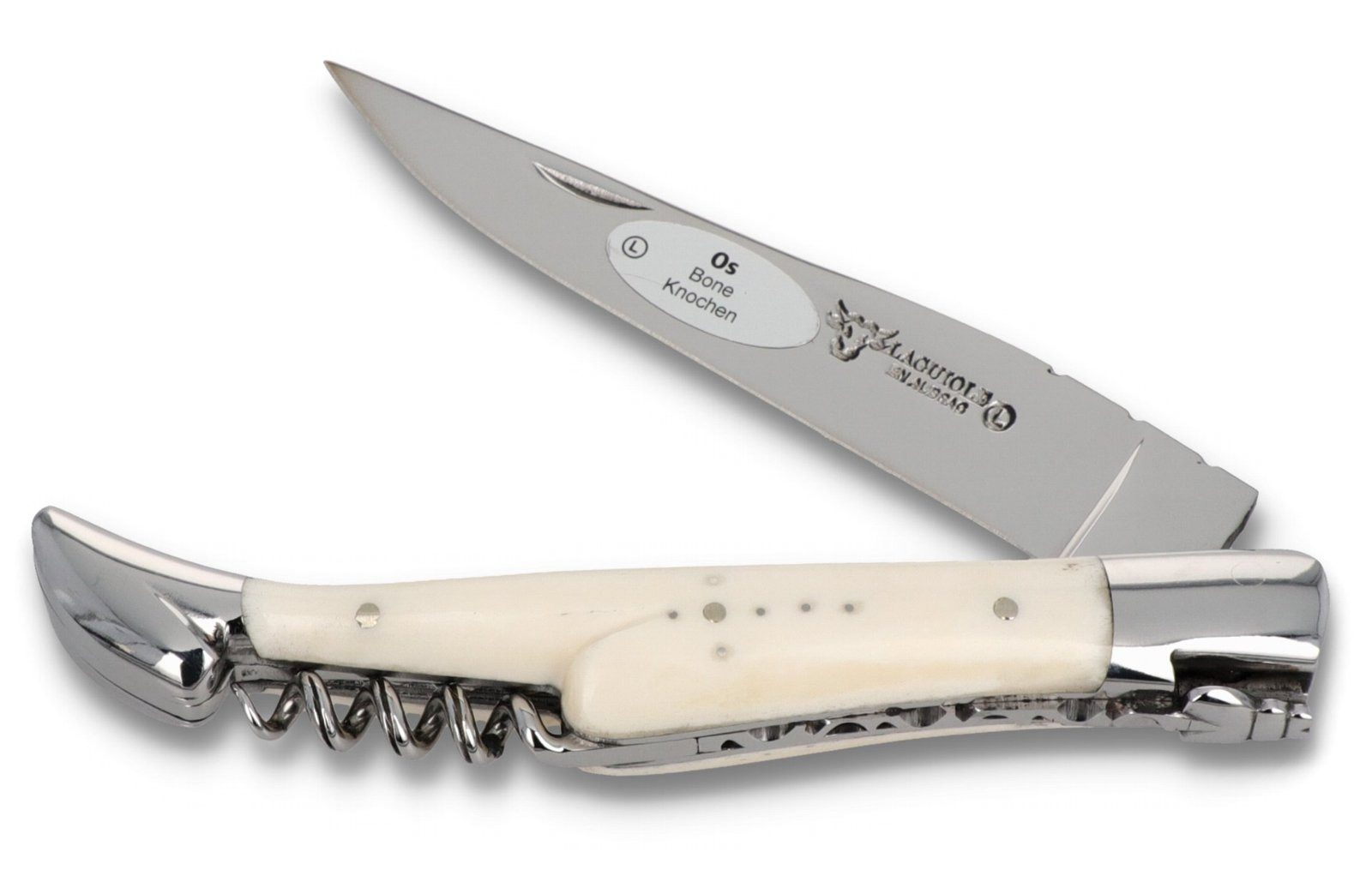 Laguiole en Aubrac Taschenmesser L0312OSIFI, Griff 12cm Knochen - Korkenzieher - Feder verziert - Stahl glänzend
