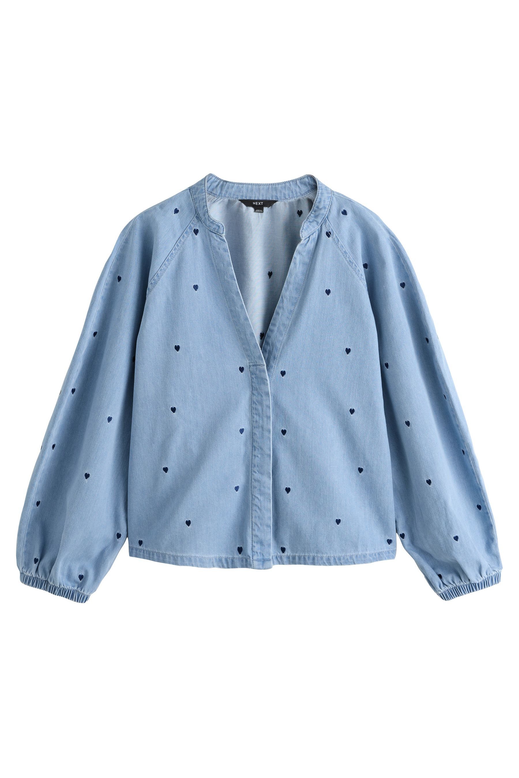 Next Hemdbluse Denim-Bluse mit Puffärmeln und Herz-Stickerei (1-tlg)