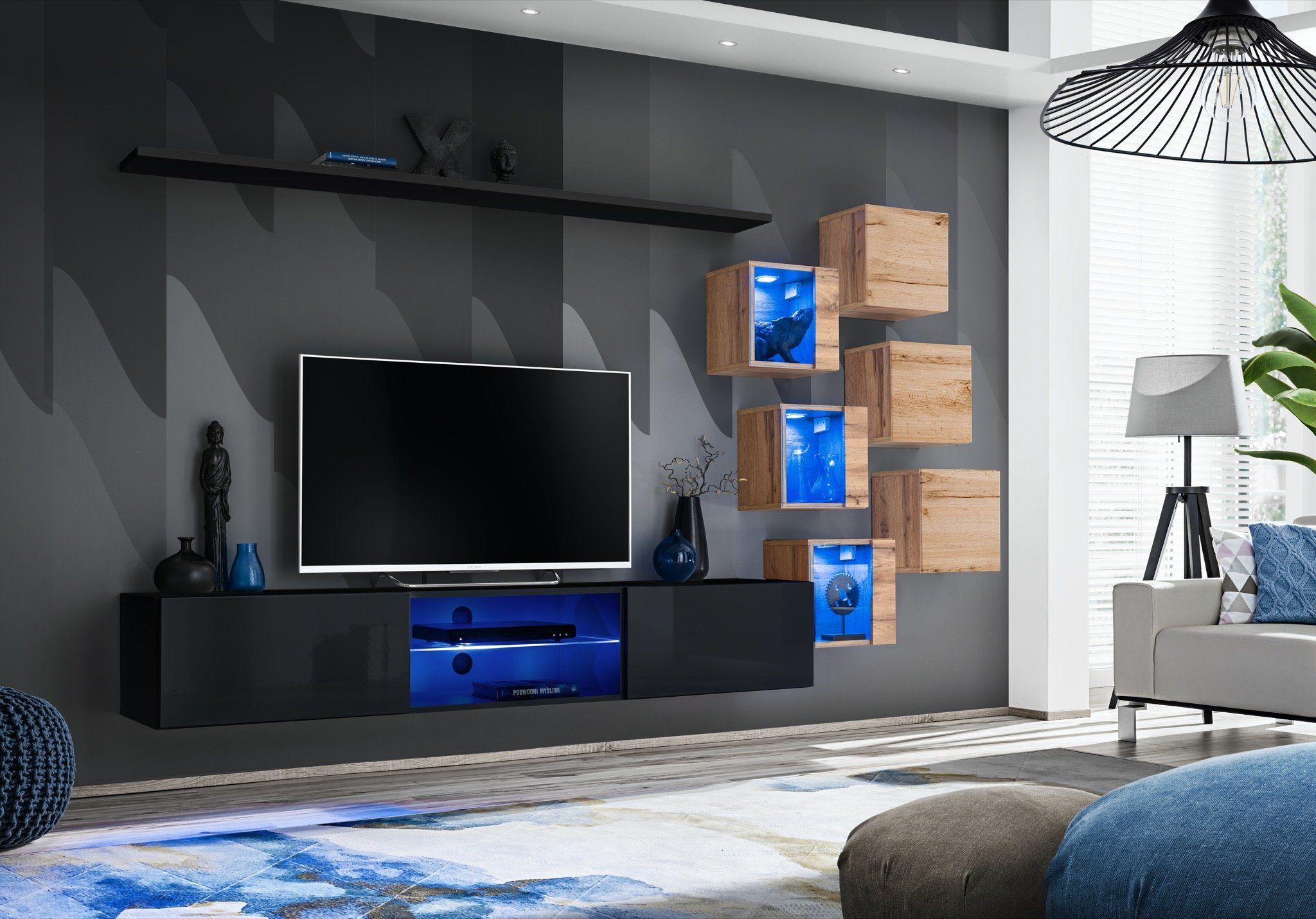 JVmoebel Wohnwand Modern Wohnwand Designer Wohnzimmermöbel TV-Ständer Wandschrank, (8-St., TV Ständer + 6x Wandschrank + Wandregal), LED beleuchtet