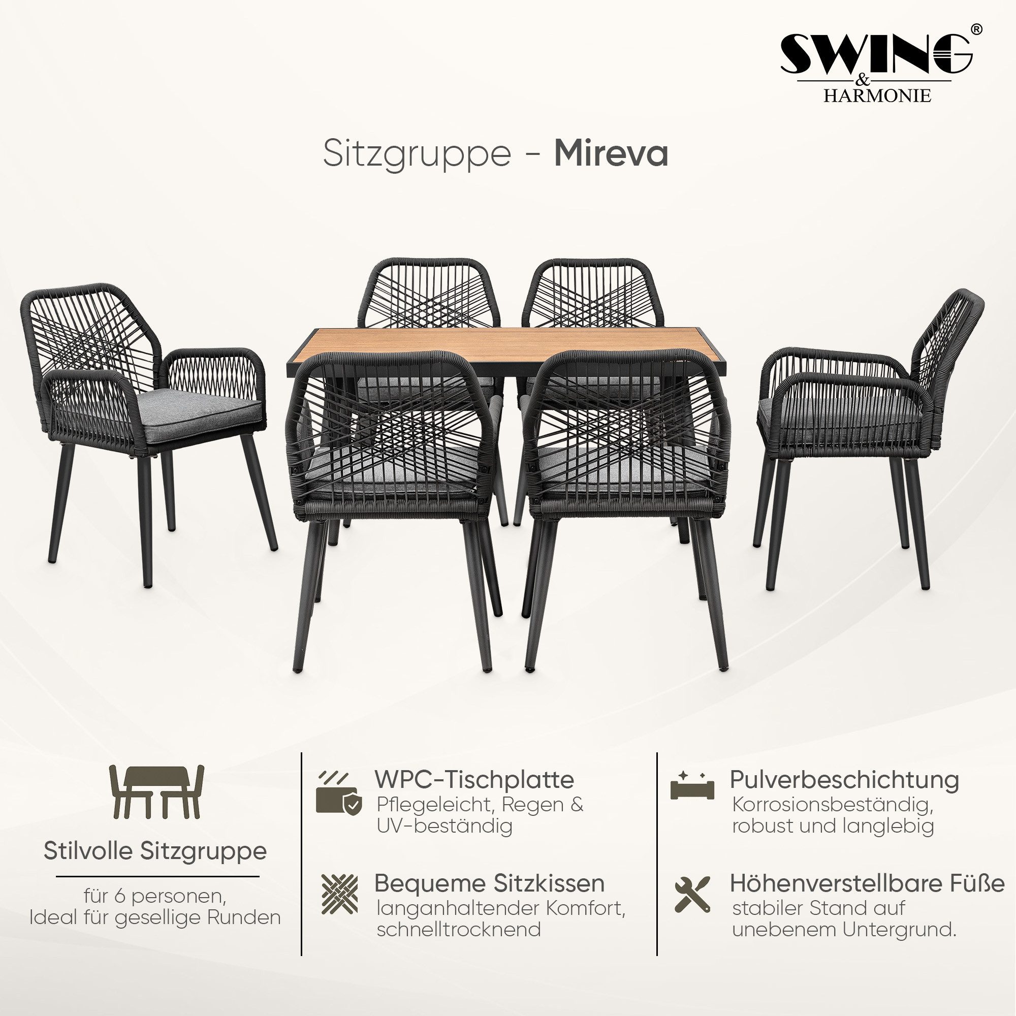 Swing&Harmonie Garten-Essgruppe für 6-8 Personen mit Tisch, Seilgeflecht-Stühle Esstisch, (Garten Sitzgruppe, wetterfest, WPC-Tischplatte, inkl. Kissen), Outdoor Terrasse