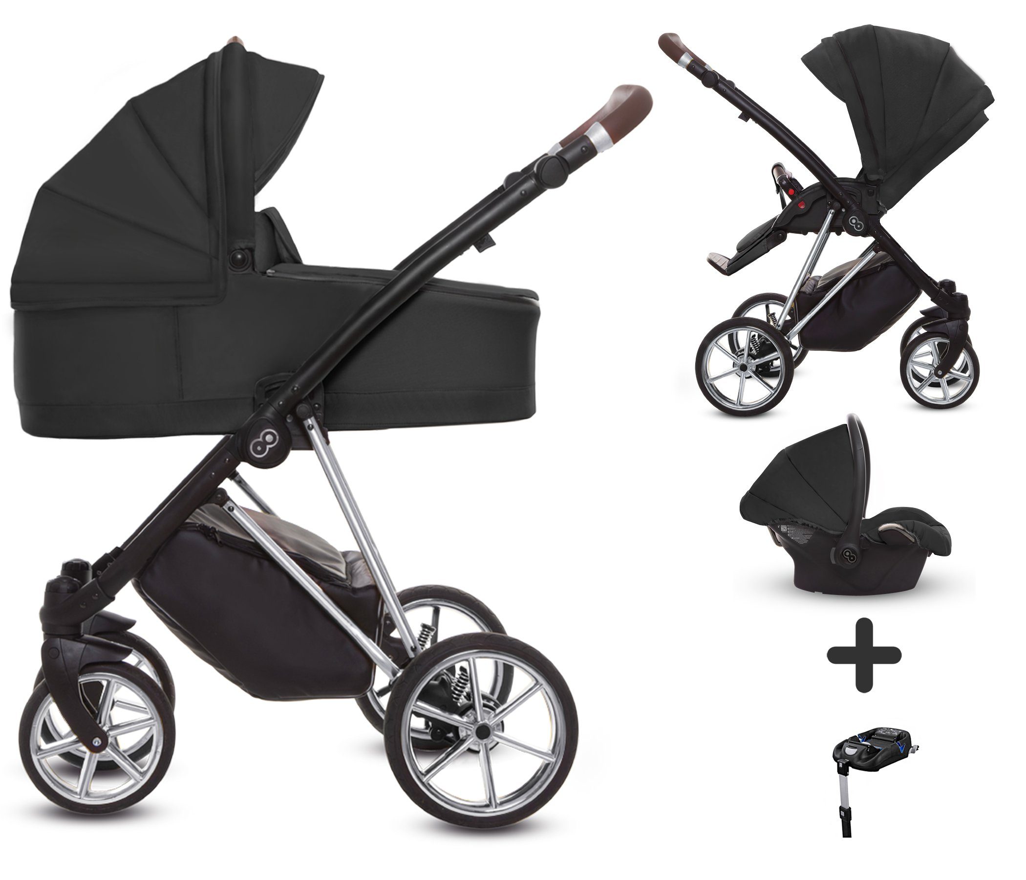 TPFLiving Kombi-Kinderwagen 4 in 1 Musse Ultra, Baby Buggy Babywanne Autositz Isofix Basis, großes Zubehör-Set Kinderwagen 4 in 1 Stoff Schwarz, Gestell Silber