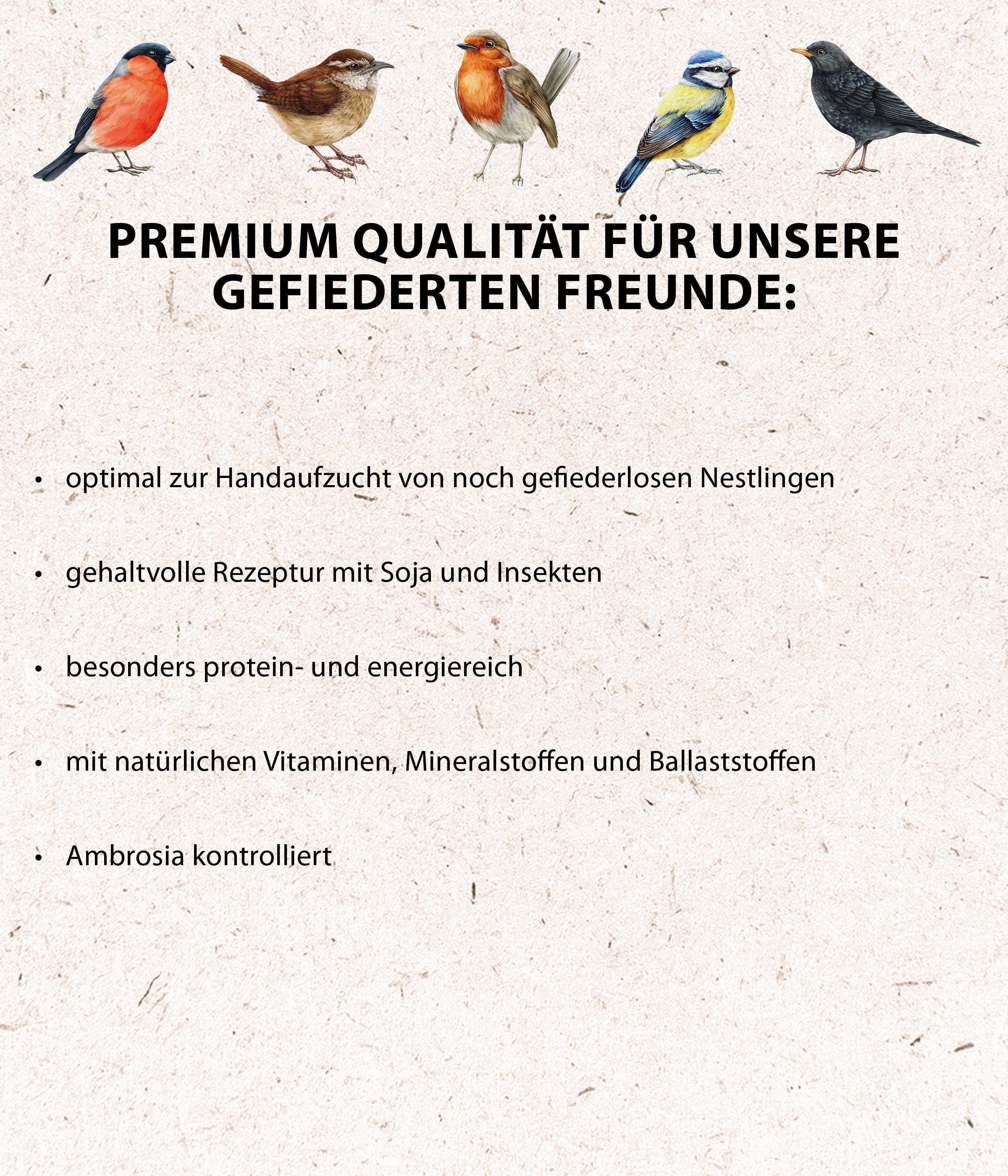 Dehner Natura Premium Nestlingsfutter für elternlose Wildvögel, 100 g, Hauptfutter für: Wildvogel, Gartenvögel, hochwertiges Ganzjahresfutter zur Aufzucht, proteinreich
