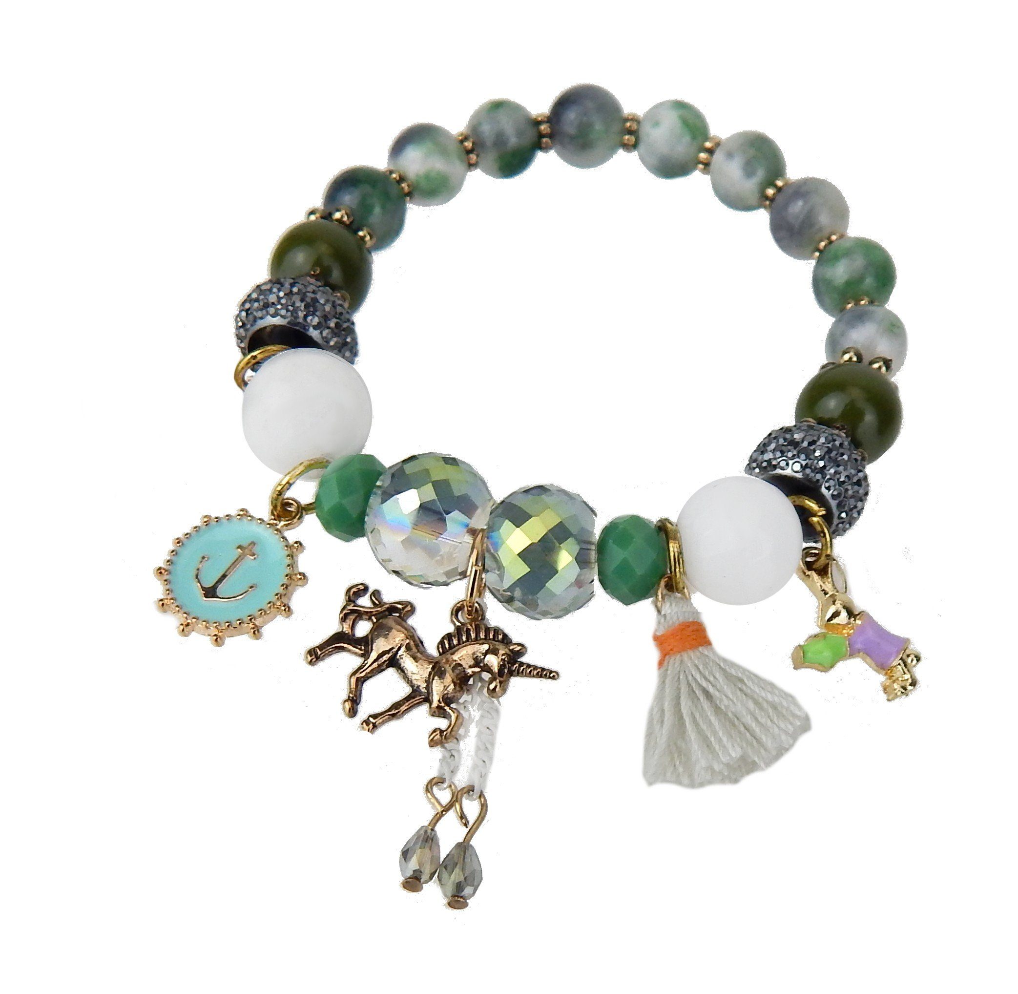 Ella Jonte Perlenarmband, Boho Armband grün weiss bunt mit Anhänger Quaste elastisch