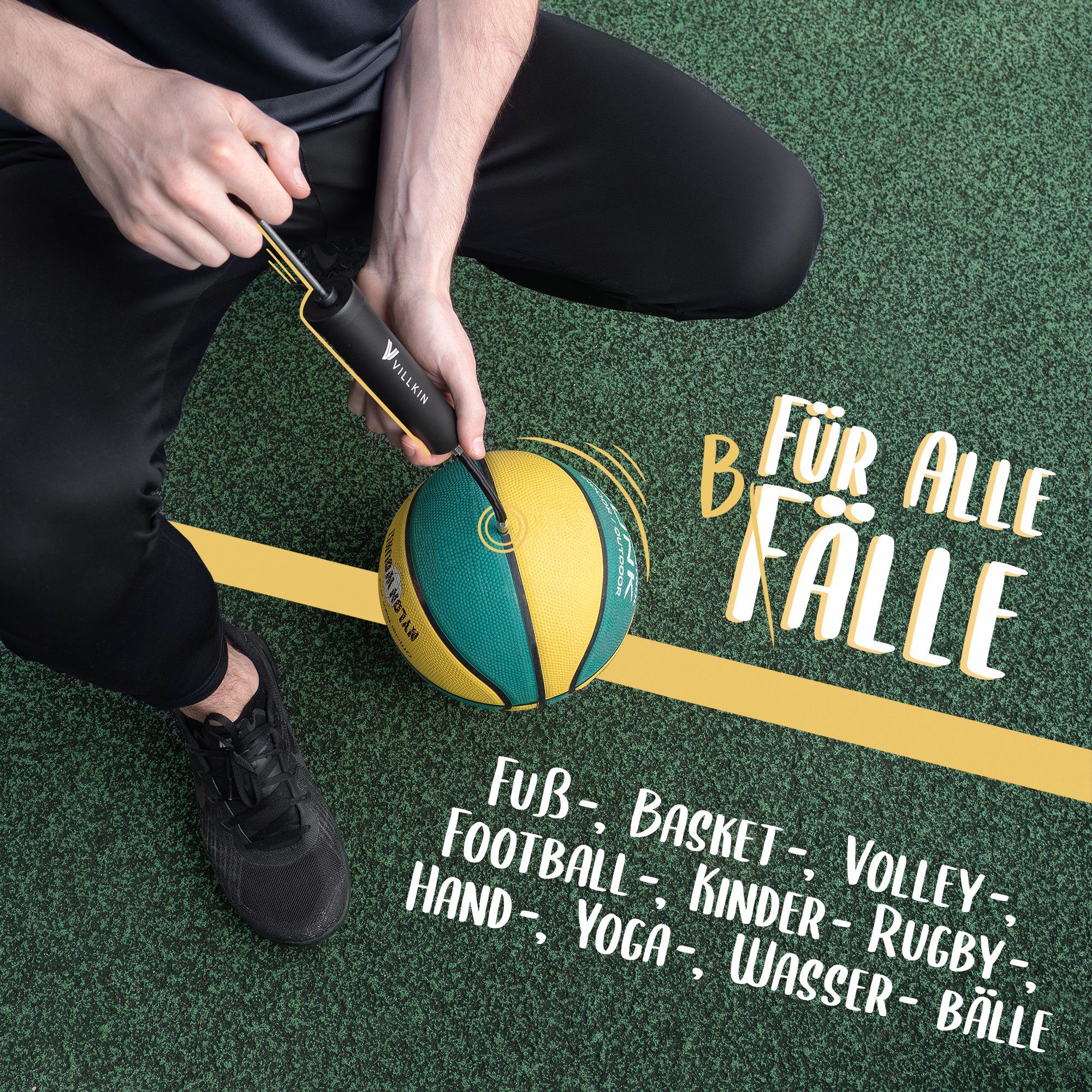 Villkin Luftpumpe - Ballpumpe, Handpumpe, Sportpumpe, Kompaktpumpe, Taschenpumpe (20cm) (1-tlg., Pumpe mit 4x Metallnadeln, 2x Kunsstoffnadeln und flexiblem Schlauch), kompakt