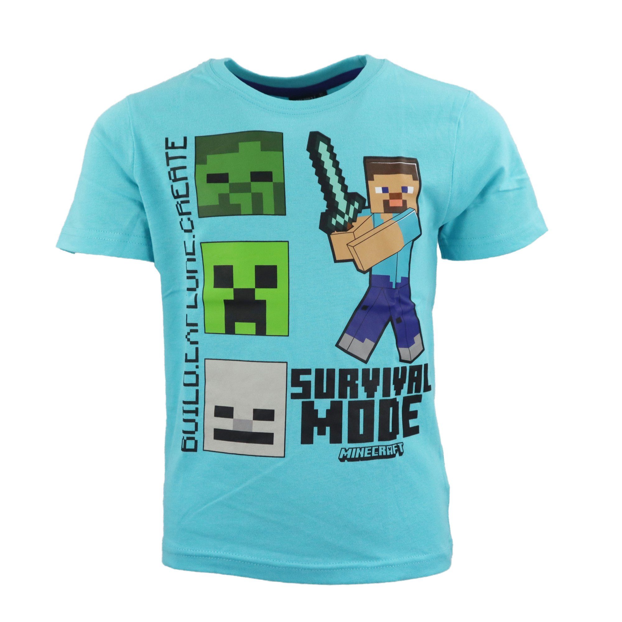 Minecraft Print-Shirt Minecraft Steve Creeper Zombie Kinder Jungen T-Shirt Gr. 116 bis 152, 100% Baumwolle, in Blau