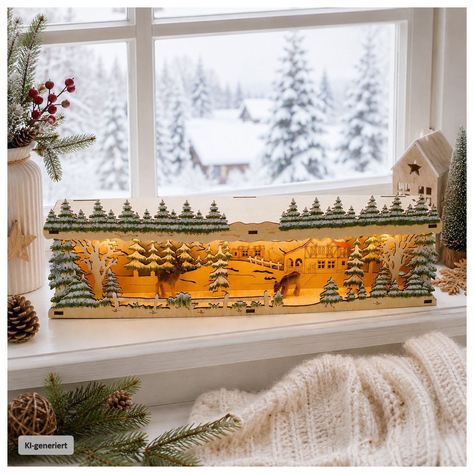 HTI-Living Schwibbogen-Fensterbank LED Schwibbogenbank Rentierwald (1-tlg), Stimmungsvolle Weihnachtsdekoration mit beleuchteter Winterszene