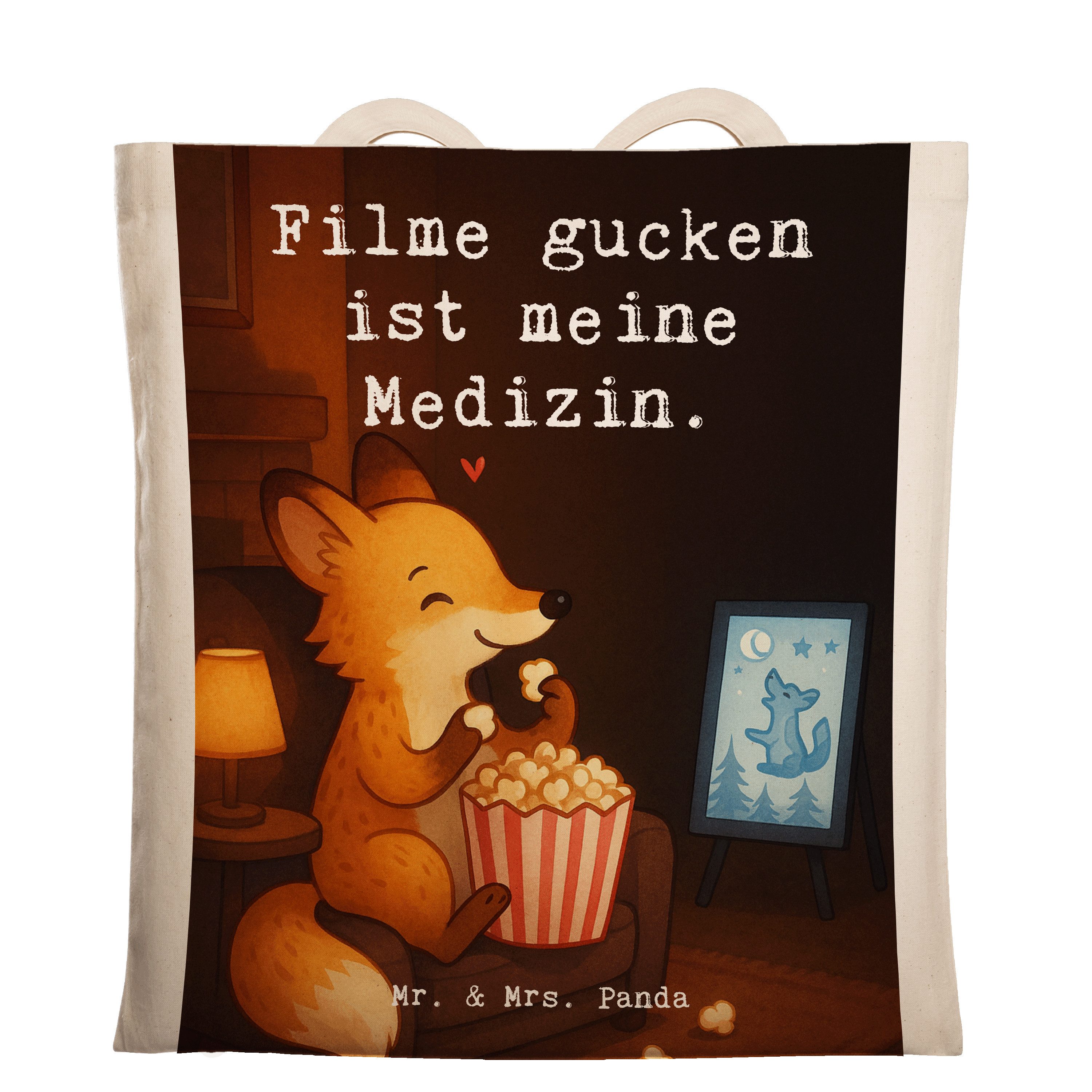 Mr. & Mrs. Panda Tragetasche Fuchs Filme gucken Design, Tote Bag, Weiß, Bag, Schultasche, Tasche, (Packung), Alltagstasche stoff shopper Schulbeutel