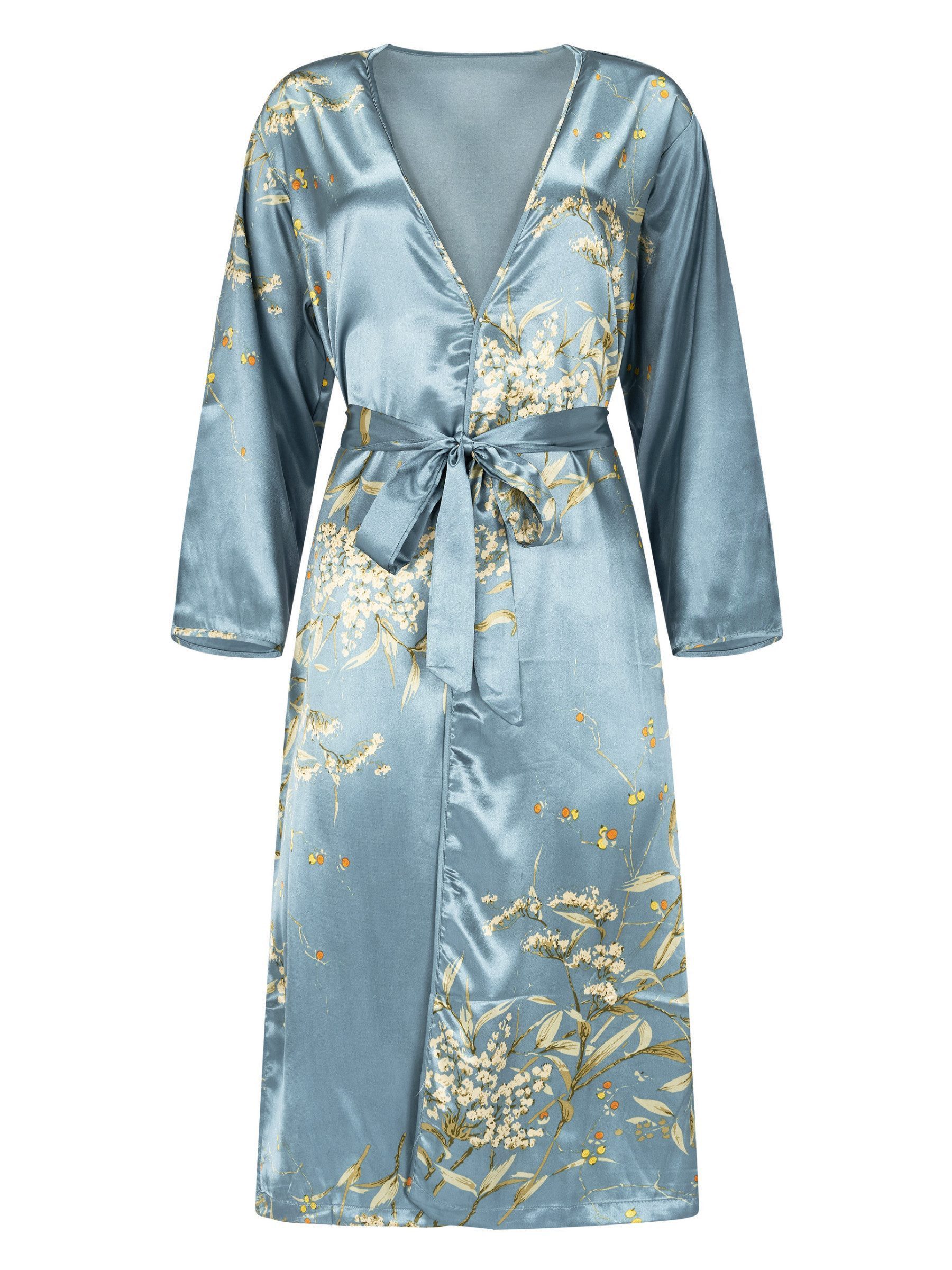 Elegant Love Morgenmantel Luxuriöser Satin-Kimono für Damen – Sexy Loungewear & Negligee, Bindegürtel zur Taillenbetonung, V-Ausschnitt, Gürtel, Stilvolle Nachtwäsche – Feminines Nachtkleid mit Blumenmuster