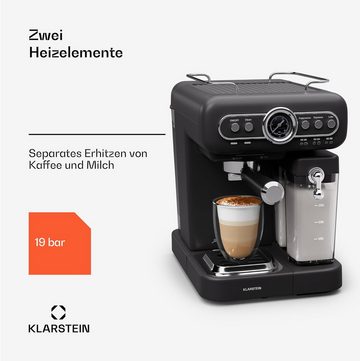 Klarstein Kaffeevollautomat Siebträgermaschine mit Milchaufschäumer, 1,2L Mini-Espressomaschine, mit Siebträger Edelstahl-Kaffeemaschine für Cappuccino Latte,Macchiato