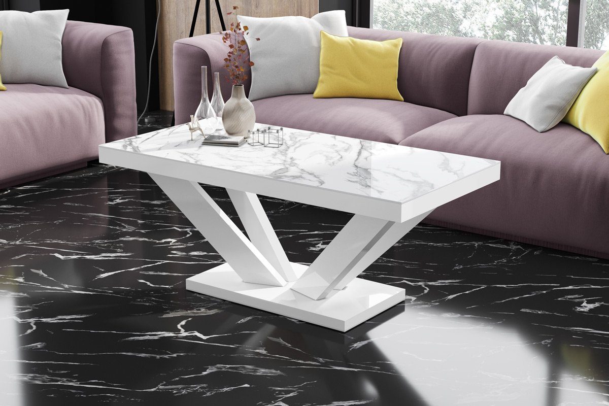 designimpex Couchtisch Design Couchtisch HV-222 Hochglanz Highgloss Tisch Wohnzimmertisch Marmor Natur Hochglanz - Weiß Hochglanz | Couchtische