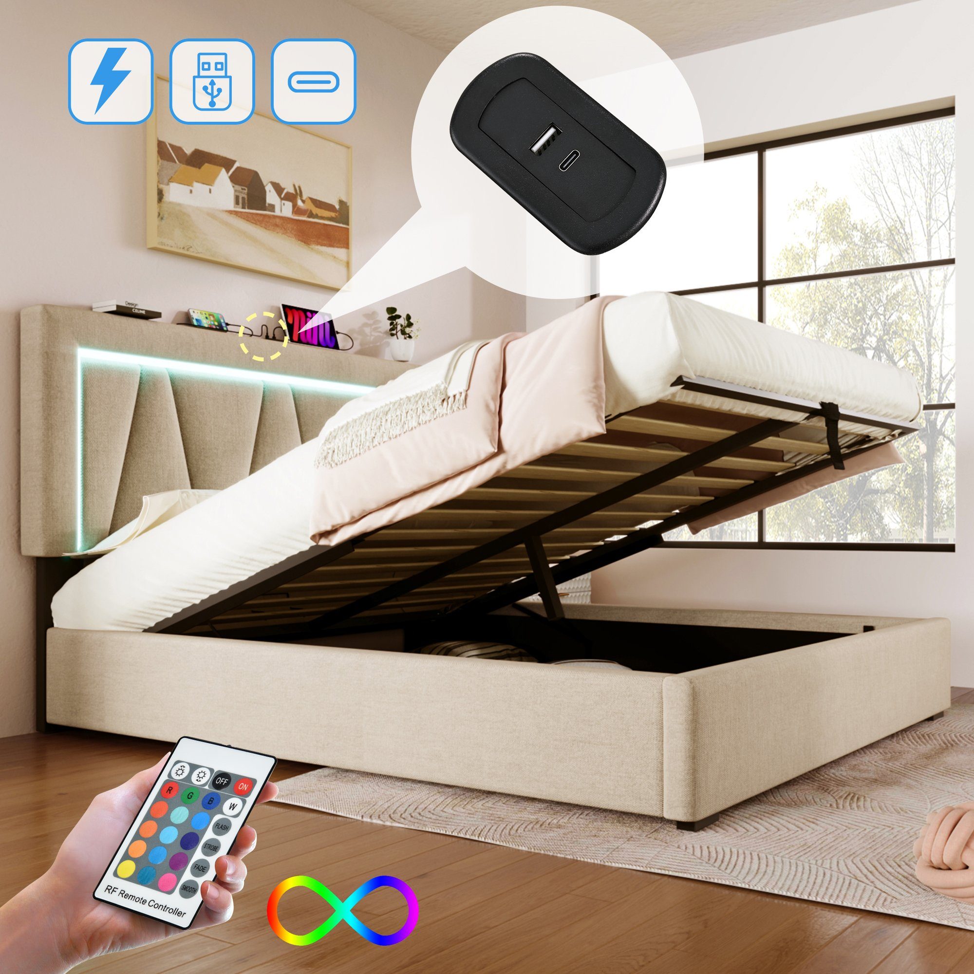 Flieks Polsterbett, LED Doppelbett Stauraumbett + günstig online kaufen