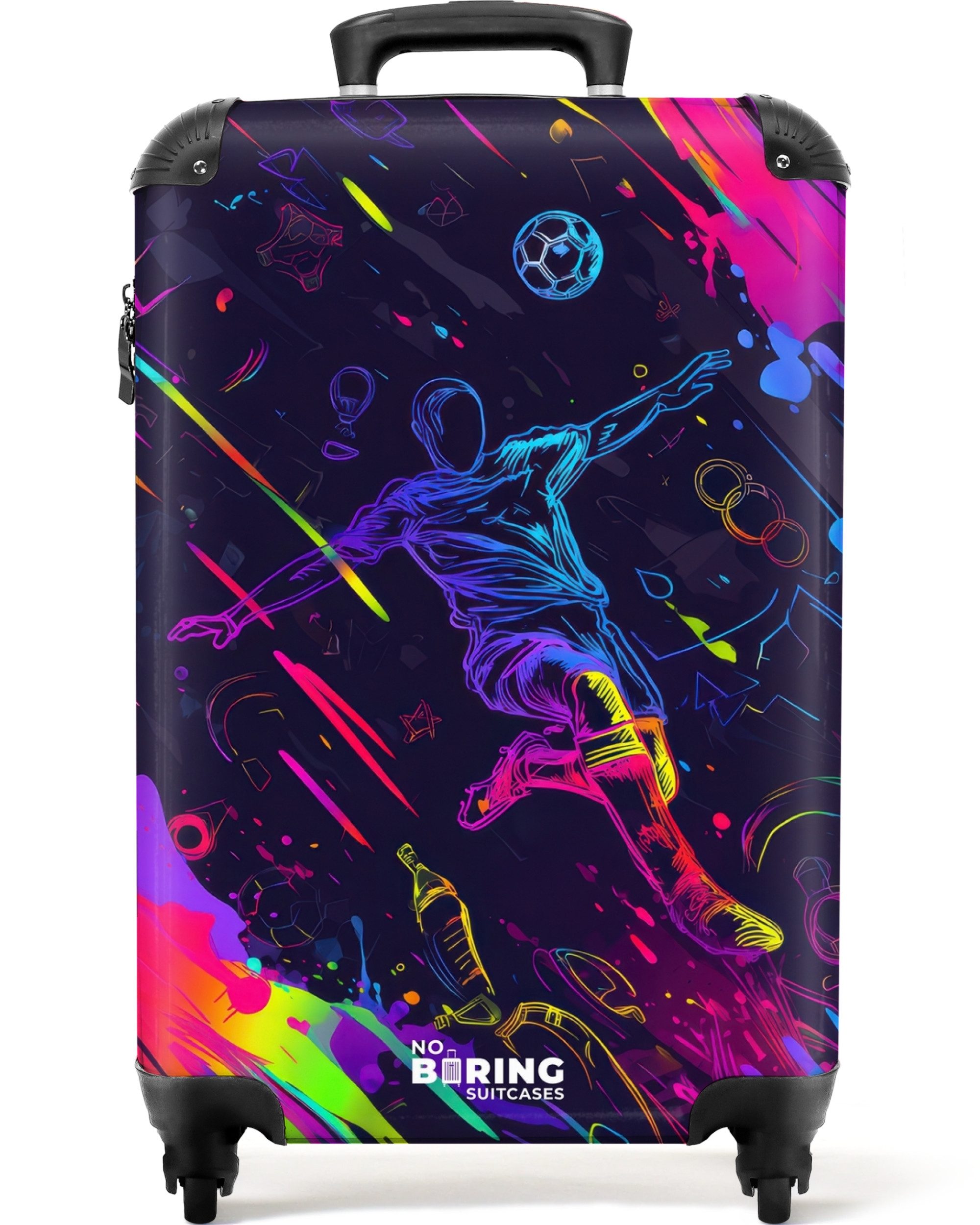 NoBoringSuitcases.com© Kinderkoffer Neon-Fußballspieler mit Action 55x35x20cm, 4 Rollen, Handgepäck Koffer, Hartschalenkoffer Kinder, Reisekoffer Jungen