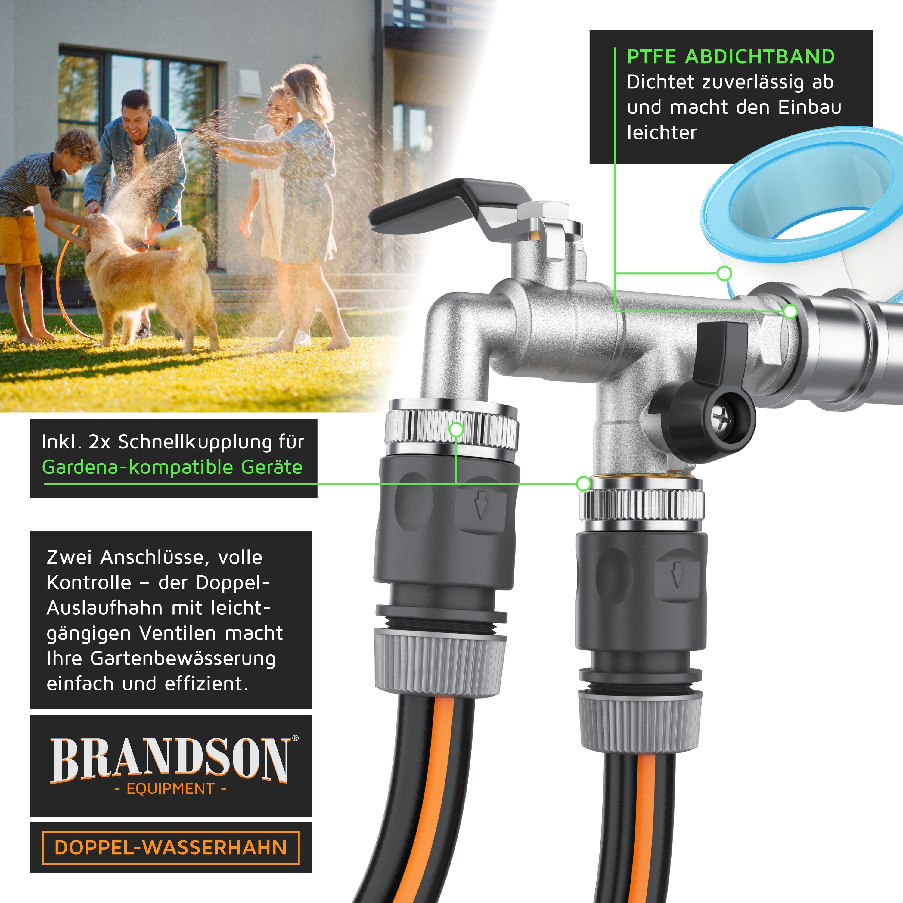Brandson Absperrventil Absperrventil Wasserhahn Garten 1/2 Zoll & 3/4 Zoll aus Messing, (4-tlg), 2 separat schaltbare Ausgänge, Schnellkupplung, Dichtband für Garten