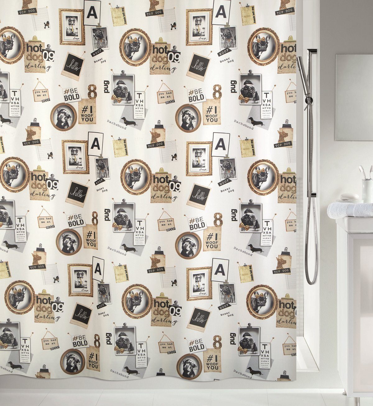 spirella Duschvorhang POSE, Textil-Duschvorhang, 100% Polyester, wasserabweisend, Anti-Schimmel-Effekt, waschbar 40°, dekoratives Motiv, Farbe schwarz-gold, Размер 180 x 200 cm