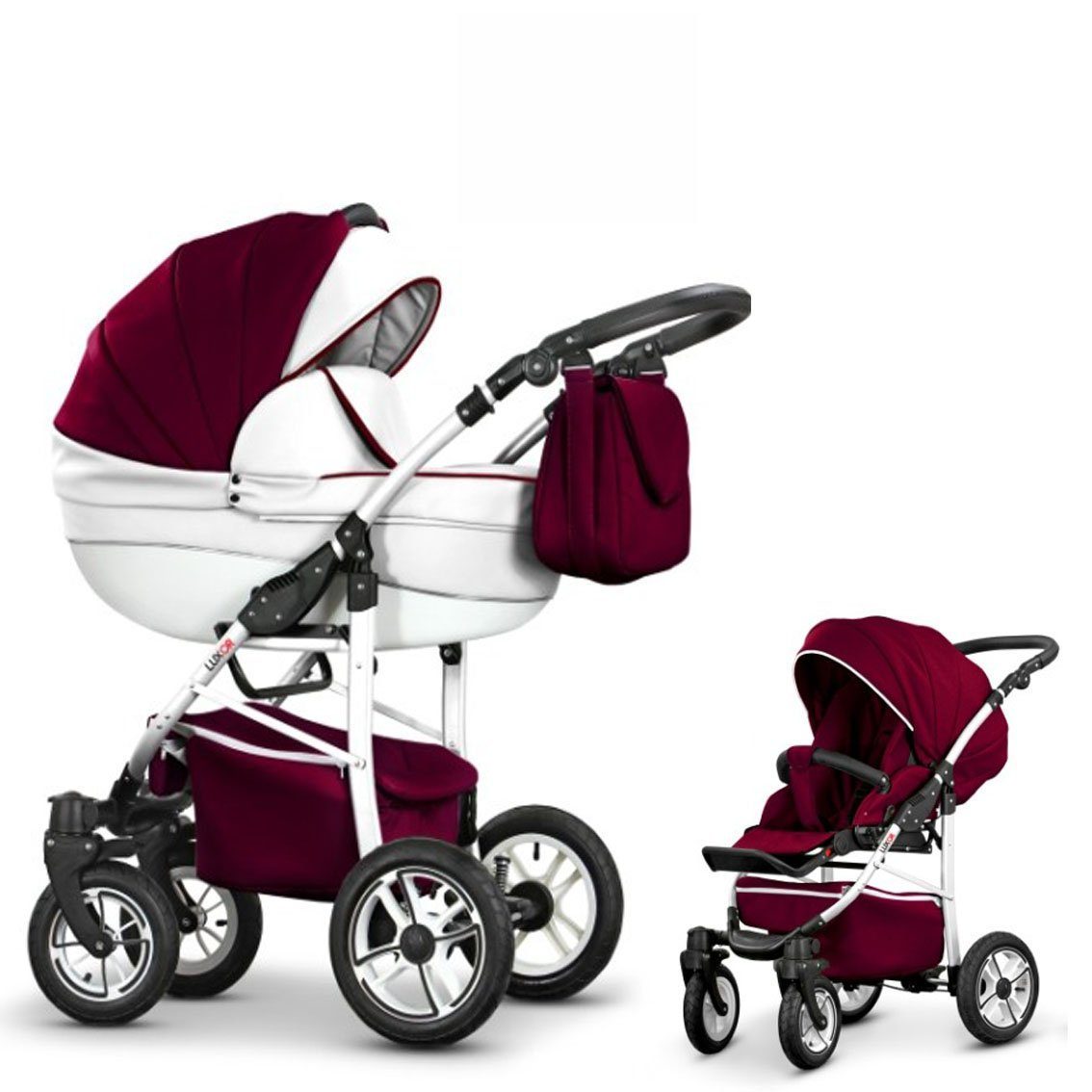 babies-on-wheels Kombi-Kinderwagen 2 in 1 Kinderwagen-Set Cosmo ECO - 13 Teile - in 16 Farben Bordeaux-Weiß Kunstleder | Kombikinderwagen