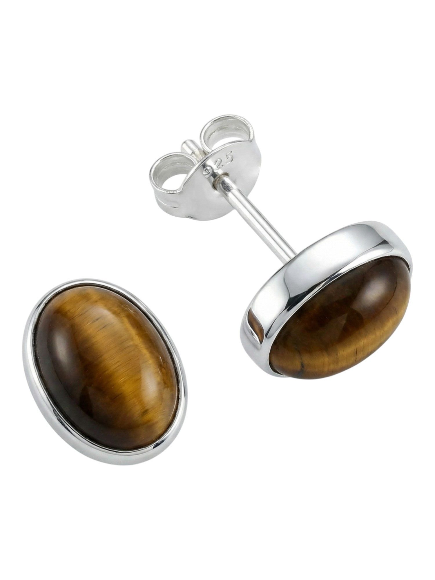 mantraroma Paar Ohrstecker SAMA oval aus 925 Silber mit Tigerauge (Paar, Paar Ohrringe mit Schmuckbeutel), 925 Sterling Silber Ohrringe für Damen