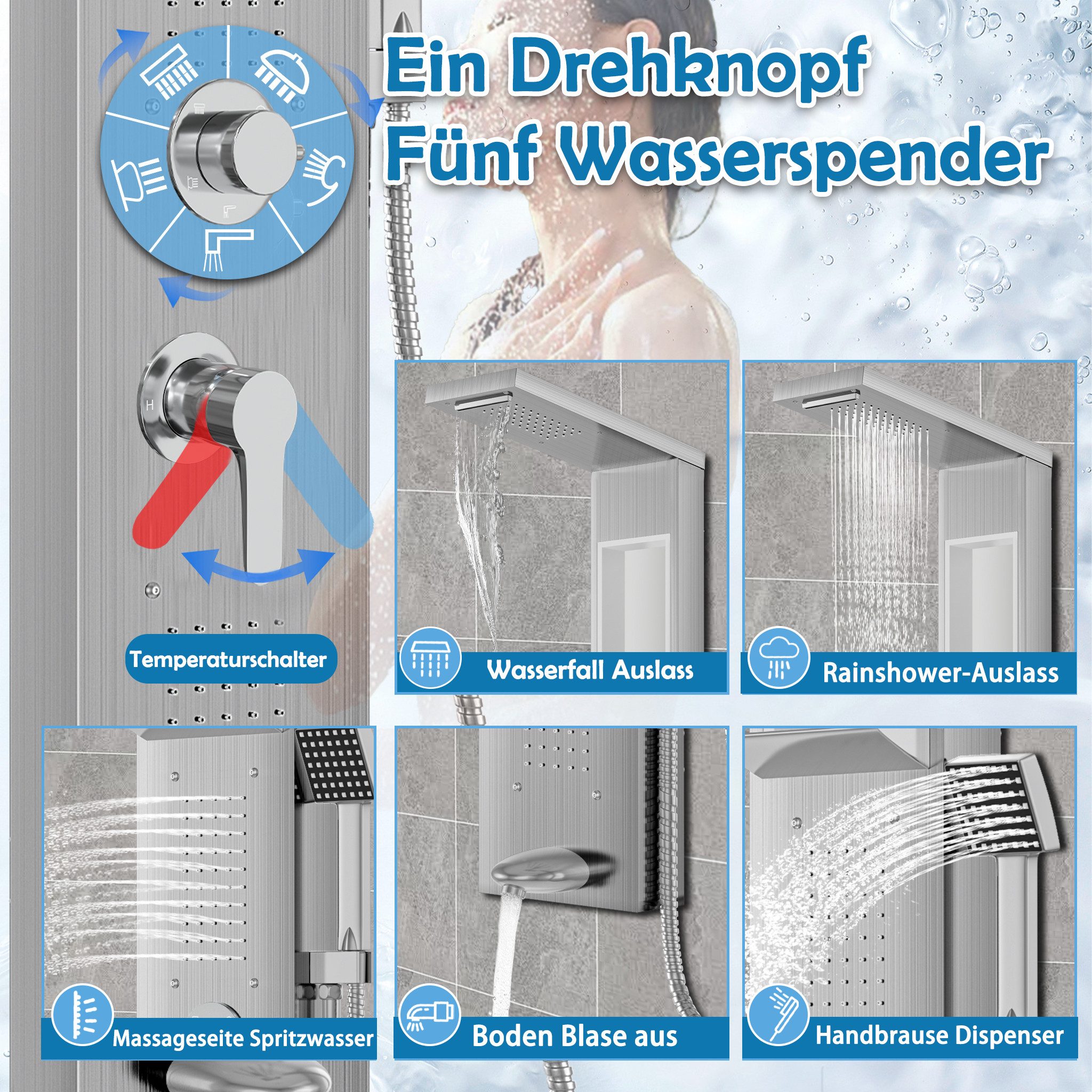 FIVMEN Duschsystem Duschpaneel aus Edelstahl mit Ablage und Armatur Duschsäule Duschset, 5 Duschmodi Massagedusche, Wasserfalldusche, Handbrause Duschset