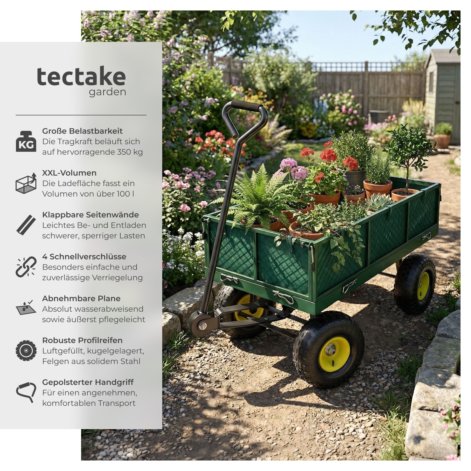 tectake Bollerwagen Handwagen max. 350kg, Kippfunktion mit klappbaren Seitenwänden (1 Transportwagen, 1-tlg., 105L Volumen in Grün), mit klappbaren Seitenwänden